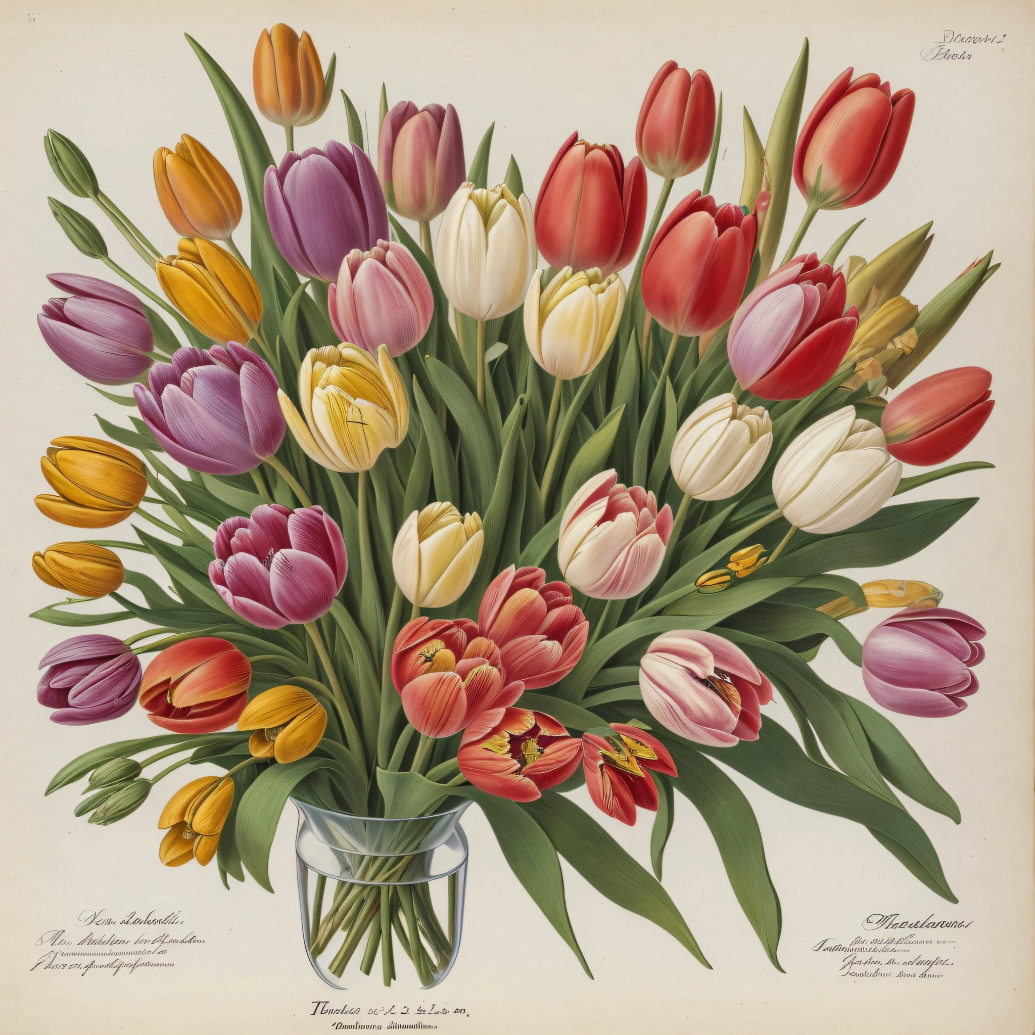 (beste-Qualit: 1.2), (Detailed: 1.2), (tmasterpiece: 1.2), Vintage botanical illustrations of butterflies and bees, (Bouquet of tulips) (1770-1775) in high resolution by John Edwards
