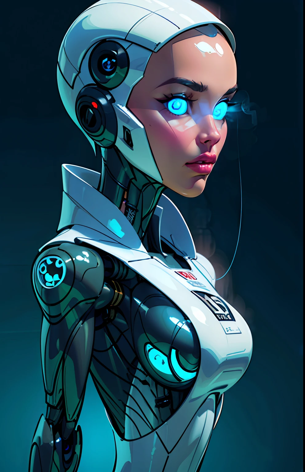 complex 3d render ultra detailed of a beautiful porcelain profile woman android face, cyborg, robotic parts, 150 mm, beautiful studio soft light, rim light, vibrant details, luxurious cyberpunk, lace, ((glowing blue eyes:1.5)), hyperrealistic, anatomical, facial muscles, cable electric wires, microchip, elegant, beautiful background, octane render, H. R. Giger style, 8k, best quality, masterpiece, illustration, an extremely delicate and beautiful, extremely detailed ,CG ,unity ,wallpaper, (realistic, photo-realistic:1.37),Amazing, finely detail, masterpiece,best quality,official art, extremely detailed CG unity 8k wallpaper, absurdres, incredibly absurdres, robot, silver halmet, full body