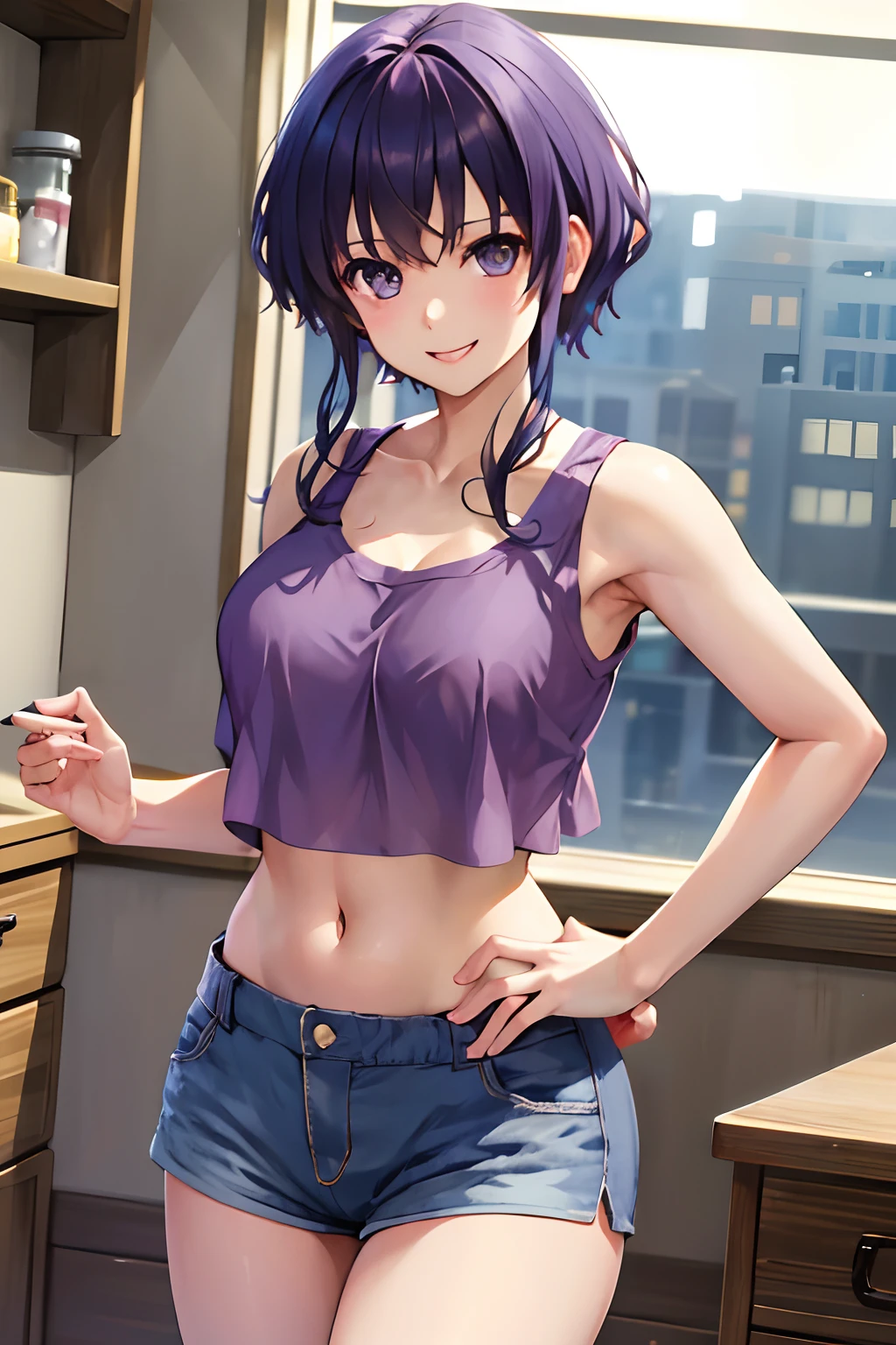 masterpiece, best quality, highres, hyoudou michiru, solo, tank top, crop top, short shorts, midriff, cowboy shot, smile, indoors,