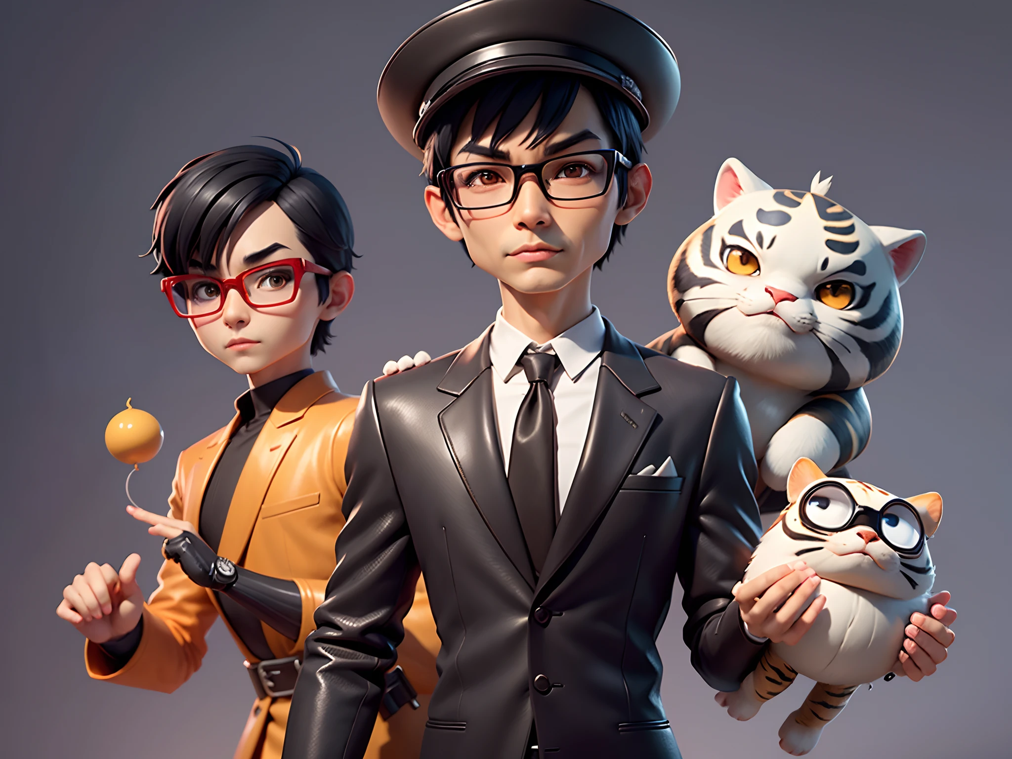 Young man with oriental face in leather hat, tiger, oriental face in formal suit, short black hair, silver glasses, digital painting, 3D character design by Mark Clairedon and Pixar and Hayao Miyazaki and Akira Toriyama, the illustration is a high-definition illustration in 4K resolution with very detailed facial features and cartoon-style visuals.