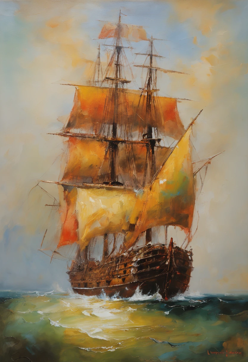 a painting in oil of an old caravel ship sailing on the sea