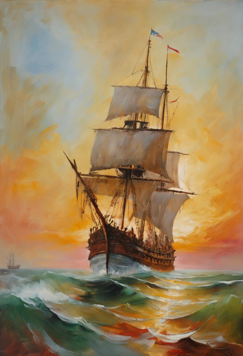 a painting in oil of an old caravel ship sailing on the sea