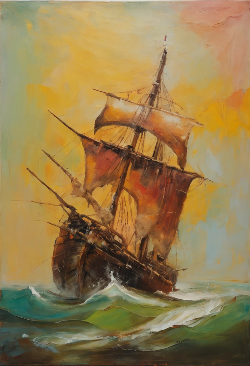 a painting in oil of an old caravel ship sailing on the sea