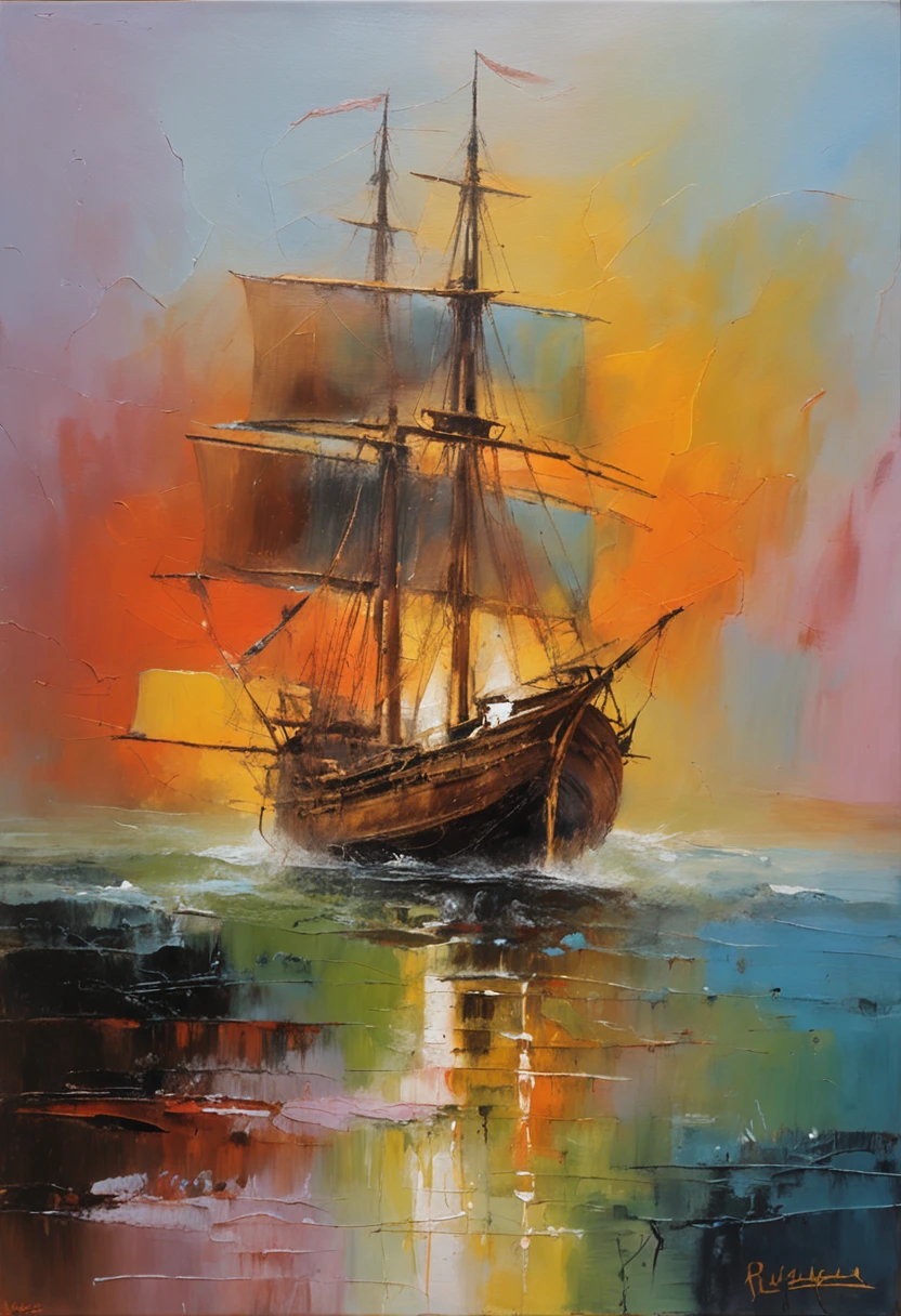 a painting in oil of an old caravel ship sailing on the sea