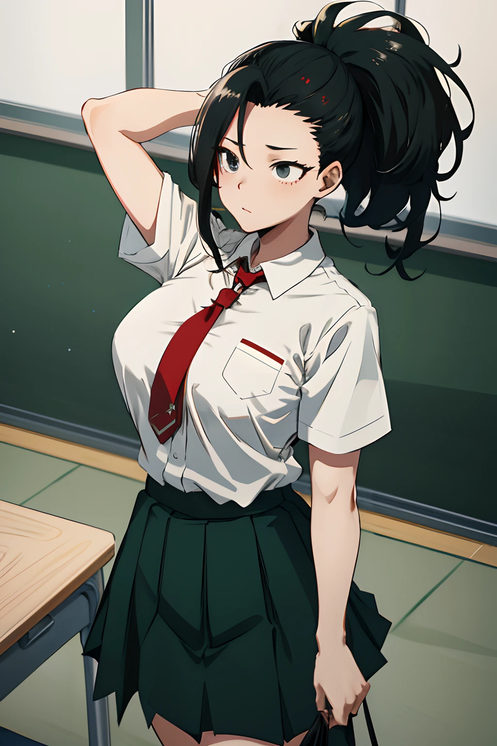 masterpiece, best quality, highres, 1girl, yaoyorozu momo, black hair, ponytail, hair pulled back, black eyes, large breasts, school uniform, white shirt, collared shirt, short sleeves, red necktie, green skirt, standing, cowboy shot, indoors, classroom,