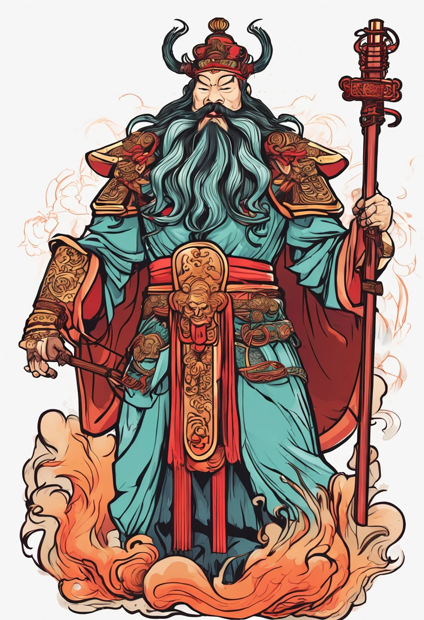 Guan Gong tattoo design, Guan Gong, neo-traditional tattoo style, 2D, flat vector, character design, t-shirt design, chinese style, vector art, fantasy art, effects watercolor, digital paint, clean white background, 8K --ar 9:16