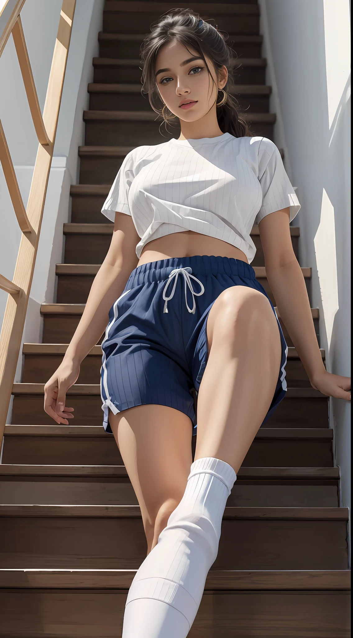(absurdres, highres, ultra detailed),((masterpiece)), ((best quality:1.1)), High Resolution, 8k,1 girl, 25 year old indian girl, (crotch bulge:1.1), beautiful face, big breasts, (white crew socks:1.1), (white ribbed socks:1.2), no-show socks, invisible socks, toes under socks, shorts, seamless socks, (puffy :0.8), (from below:1.1),
 blue eyes, looking at viewer, random hair, facial, hand on knee, athlete, seat on staircase steps, hyper realistic, highly detailed, indoors, high resolution, 8K, super lighting