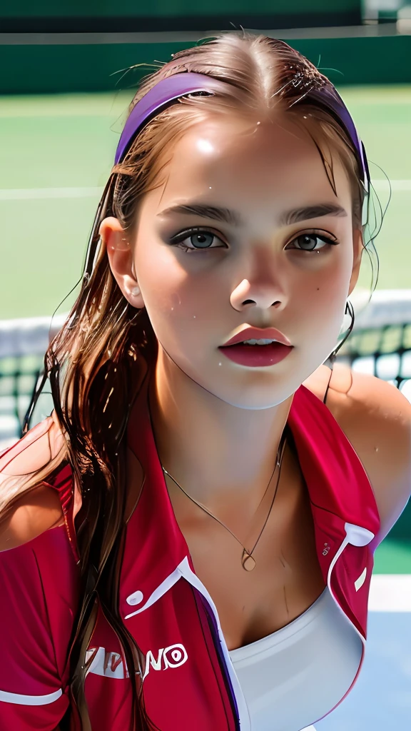 photo of (Barbara Palvin), a woman as a sexy tennis player, modelshoot style, (extremely detailed CG unity 8k wallpaper), photo of the most beautiful artwork in the world, Intricate, High Detail, Sharp focus, dramatic, photorealistic, (wet_tennis_uniform:1.2), (tennis shorts:1.2), (sneakers), (on the tennis_court ), (( dribbling_\(tennis\) )), (tennis), ((in a tennis stadium )), (( crowd sitting on the bleachers )), (basketball game), (looking at viewer), (detailed pupils:1.3), (modern outfit:1.2), (closeup), red lips, (eye shadow)