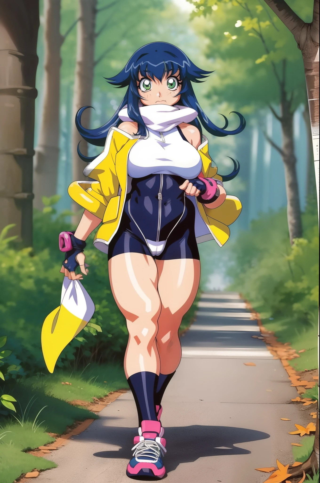 lime,spandex,green eyes,fingerless gloves,1990s (style),blue hair,retro artstyle,long hair,yellow bandana,bike shorts, full body, walking, forest,smile, medium breast