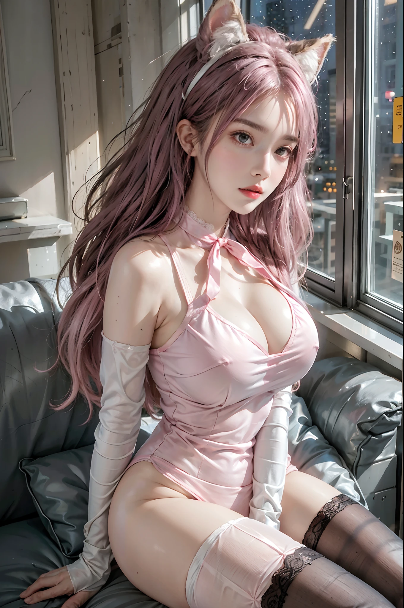 soft lighting, 1girl, solo, sitting, (starry sky, night, city),(pink legwear:1.2),thigh highs,pink garter,(huge_breasts:1.4), fox ears, (subsurface scattering), long hair, pink leotard,highleg leotard, frilled leotard, pink trim,black sofa, messy hair, pink hair, elbow gloves, transparent clothing, window, bookshelf, lace neck garter,white bows,pink ribbons