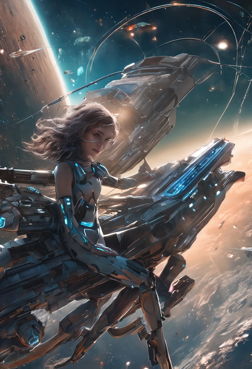 Open space, distant stars in the dark sky, in the foreground a giant platform, a high-tech spaceship, a fantastically beautiful girl, in a sky-fi overall, a lovely young face, possibly developing hair, a beautiful figure, many details, lightning. fasteners, fasteners for devices, wires. Correct anatomy, correct facial features, body proportions, large expressive eyes. Love for the whole universe. Not an earthly creation Masterpiece, cyberpunk elements, combat robot, turret , technology. extraterrestrial civilization. Love at first sight.