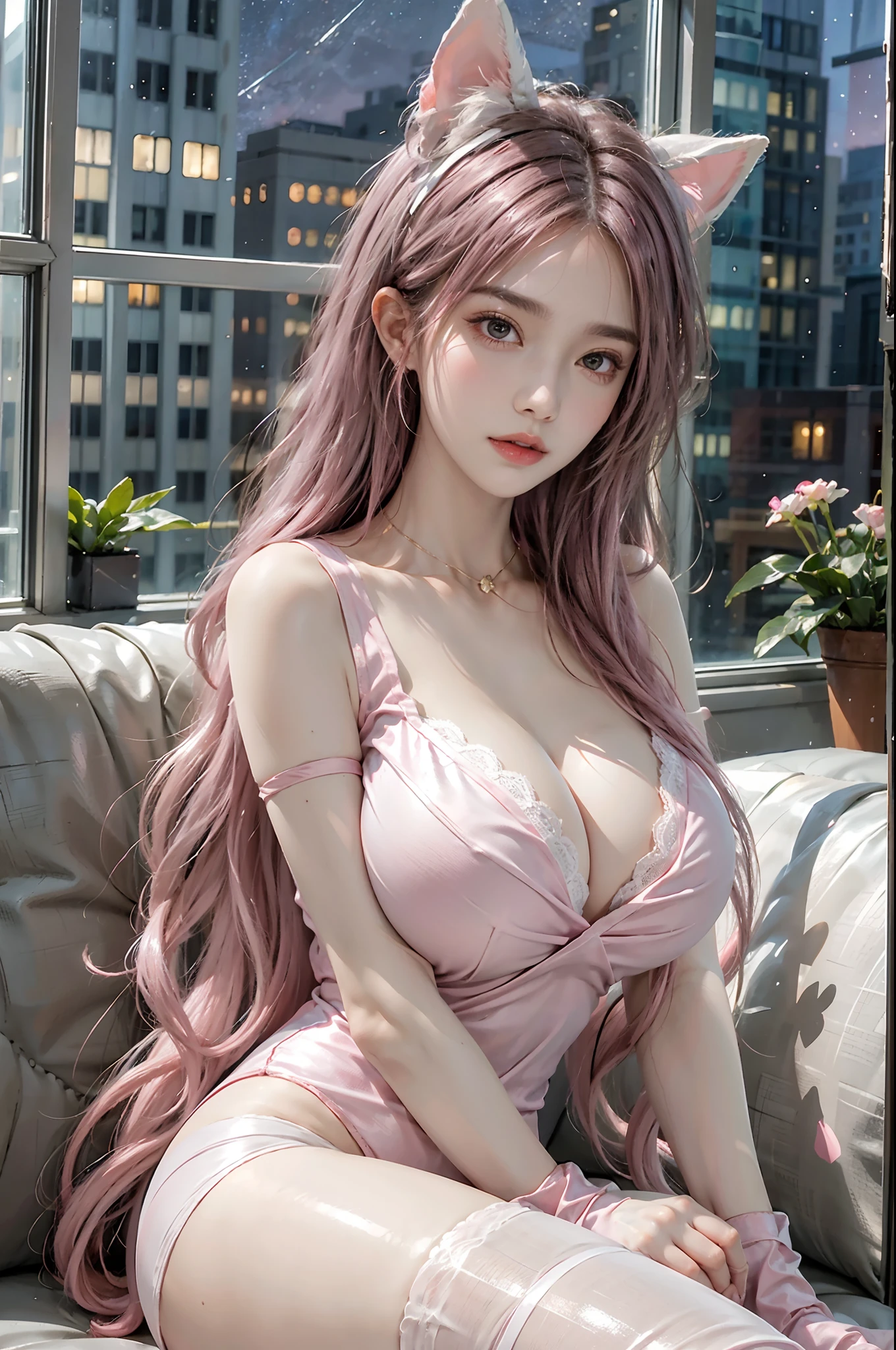 soft lighting, 1girl, solo, sitting, (starry sky, night, city),(pink legwear:1.2),thigh highs,pink garter,(huge_breasts:1.4), fox ears, (subsurface scattering), long hair, pink leotard,highleg leotard, frilled leotard, pink trim,black sofa, messy hair, pink hair, elbow gloves, transparent clothing, window, bookshelf, lace neck garter,white bows,pink ribbons