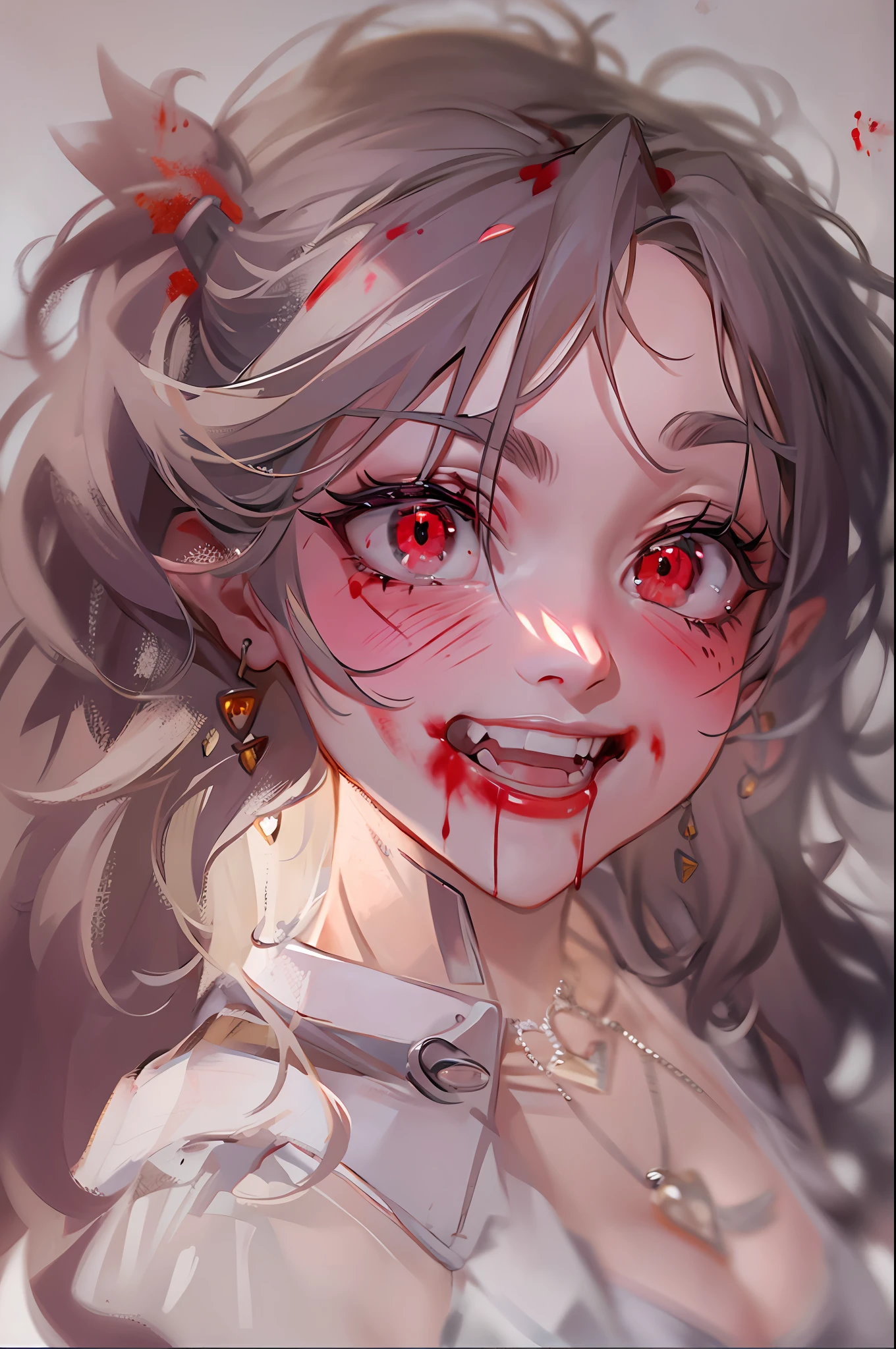 of a real，Perfect facial features，Realistic skin texture，Cute baby vampire girl，closeup cleavage，head portrait，with her mouth open，（See the throat：1.4），Blood-red eyes，（long canine teeth：1.4），There is blood on the teeth，long whitr hair，（blood stains at the corners of the mouth：1.4），Blood，depth of fields，dynamic blur，high light，Real light，Ray traching，oc rendered，Hyper-realistic，best qualtiy，8K，Works of masters，super-fine，Detailed pubic hair，Correct anatomy，sharp focus on eyes，Bokeh，Facial features are carefully depicted