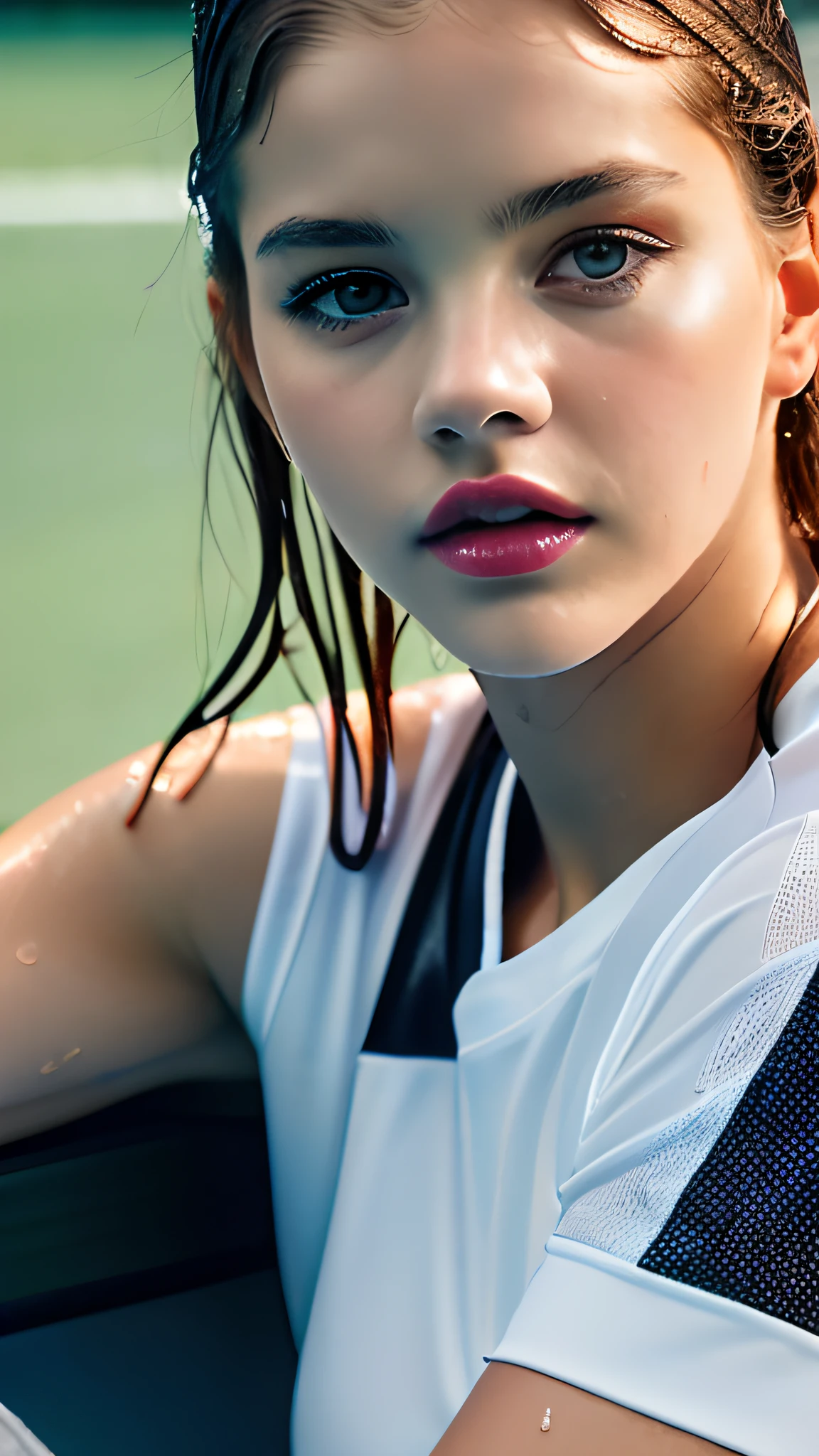photo of (Barbara Palvin), a woman as a sexy tennis player, modelshoot style, (extremely detailed CG unity 8k wallpaper), photo of the most beautiful artwork in the world, Intricate, High Detail, Sharp focus, dramatic, photorealistic, (wet_tennis_uniform:1.2), (tennis shorts:1.2), (sneakers), (on the tennis_court ), (( dribbling_\(tennis\) )), (tennis), ((in a tennis stadium )), (( crowd sitting on the bleachers )), (basketball game), (looking at viewer), (detailed pupils:1.3), (modern outfit:1.2), (closeup), red lips, (eye shadow)