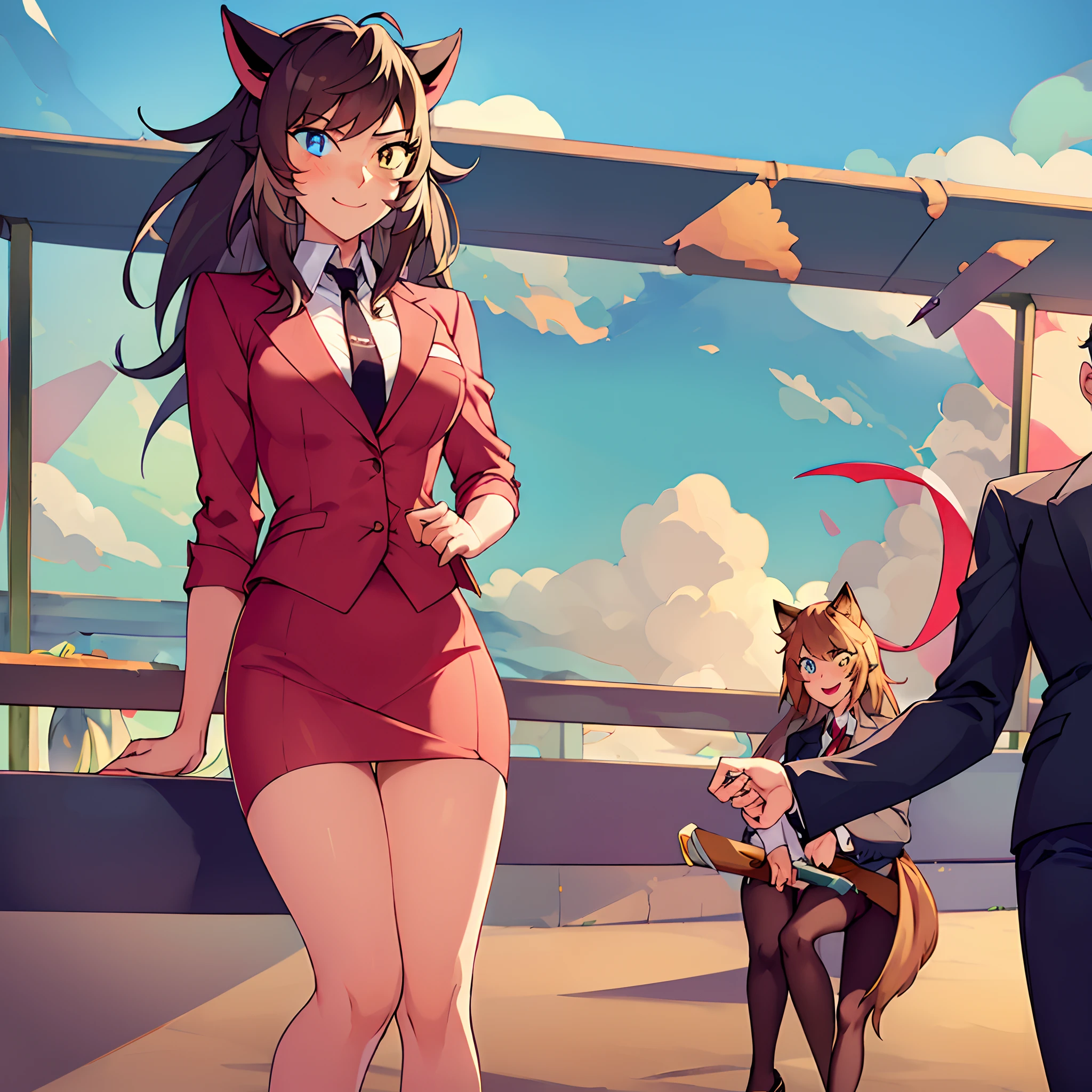 (masterpiece, best quality:1.2), cowboy shot, trio, 3girls, catra, smile, catgirl, looking at viewer, standing, heterochromia, colored sclera, skirt suit, blazer, necktie, white undershirt, pencil skirt, bare legs, high heels, office, triplets, clones