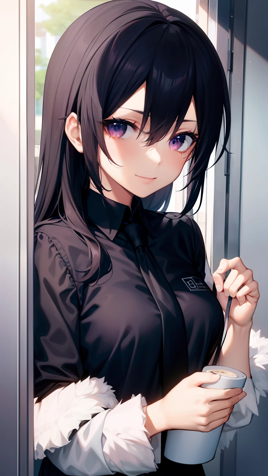 Beth,,Expose the private part,Sexual turn,Long black hair,爆乳,Purple eye,tmasterpiece,best qualtiy,ultra - detailed,illustratio,epic lighting,cinematic compositions,isometry,1girl,独奏,adolable,black color hair,red hair clips,blouse with a white collar,black necktie,formal,a captivating gaze,captivating posture,inside in room,office room,doors,Open the door,looking at viewert,peeking out upper body,Be red in the face,seduct smile,Shut your mouth,(8k:1.1),