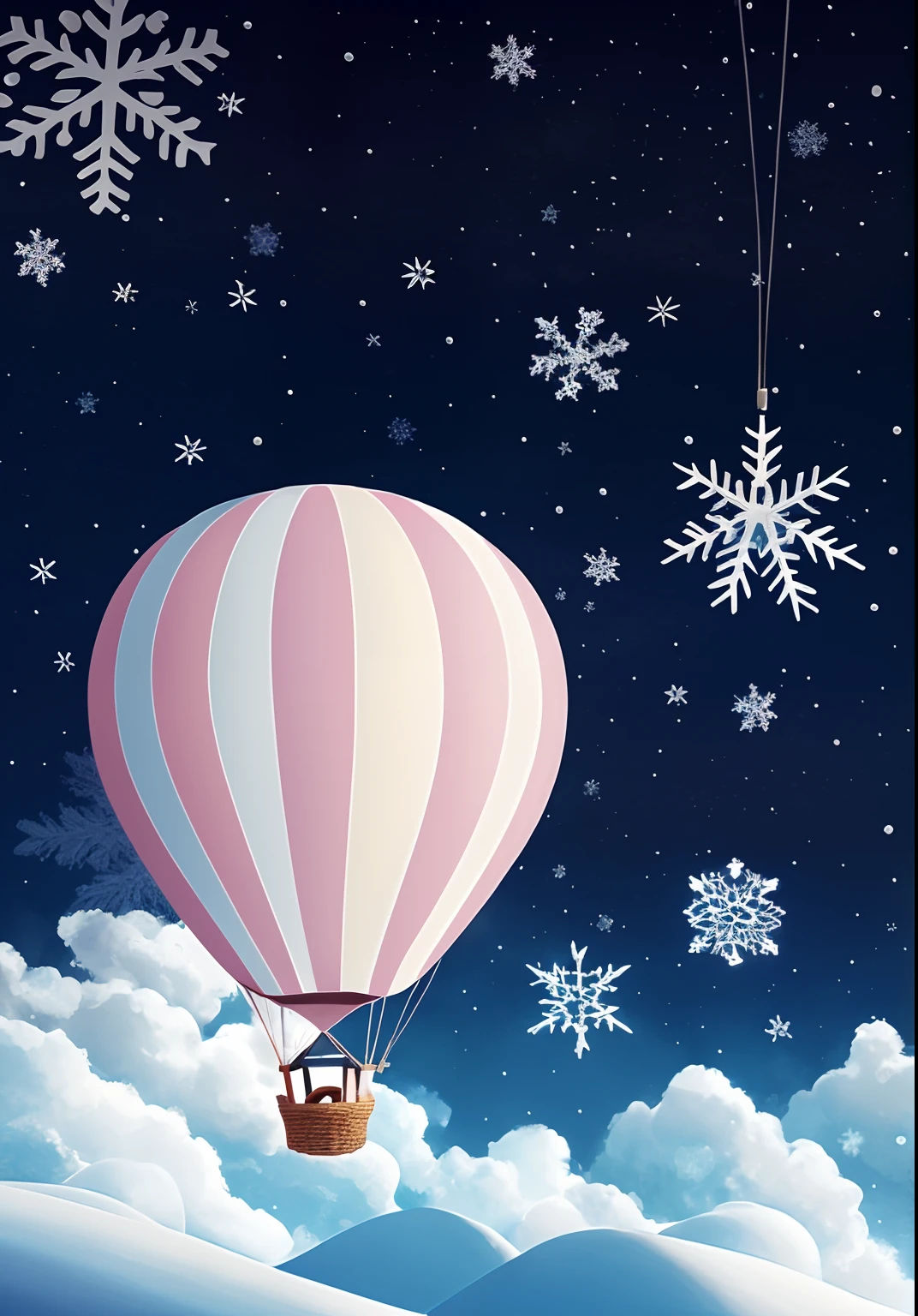 There's a hot air balloon flying in the sky with snowflakes, balloon, hot air balloon, atmosfera calorosa e alegre, as an air balloon, holiday season, hight decorado, hot air balloons, Sonho suave, temporada de inverno, cotton, Noite de Natal, suave - quente, Boa noite, fofo, seasons!! : 🌸 ☀ 🍂 ❄, illustartion, illustration!