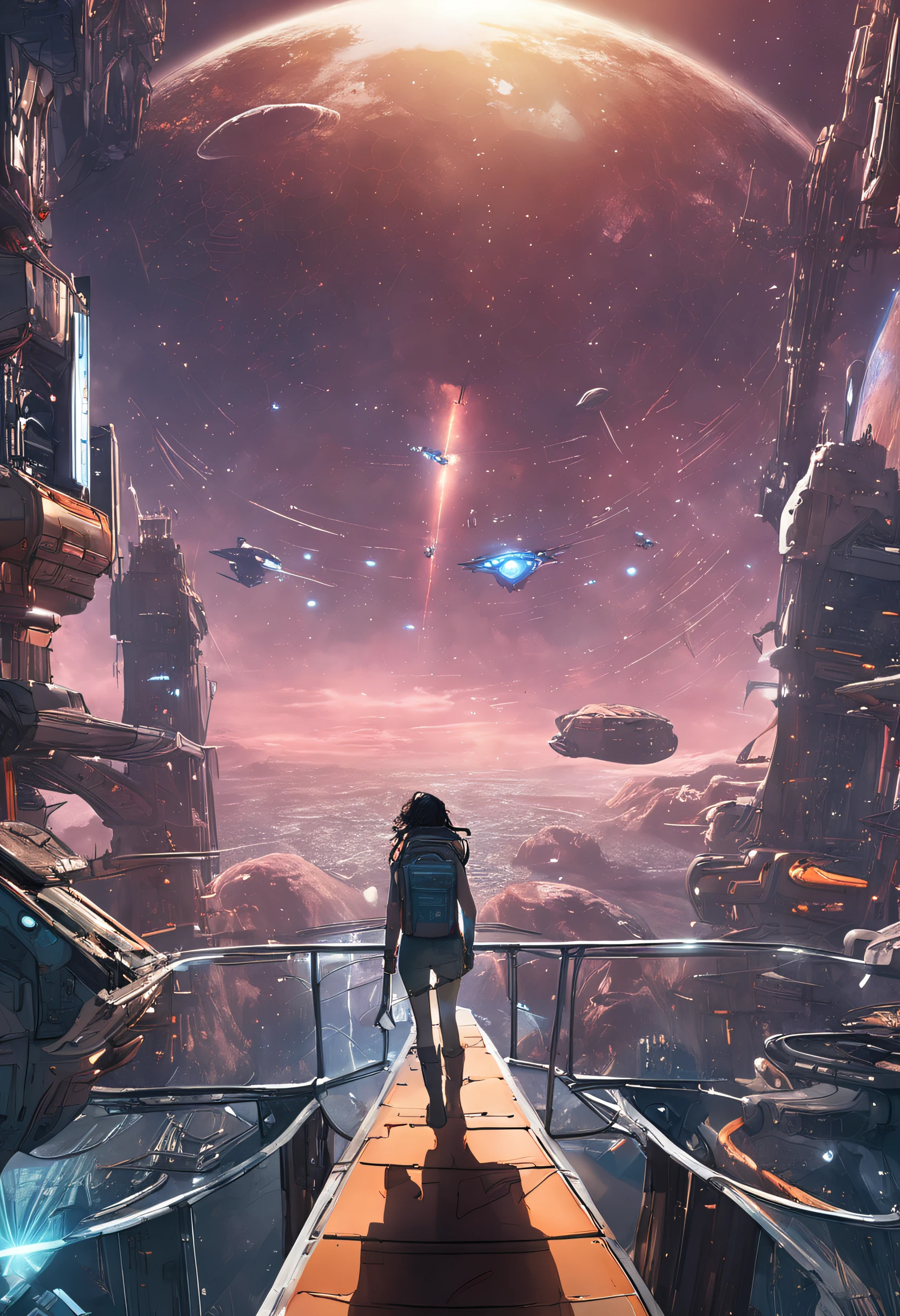 Open space, distant stars in the dark sky, in the foreground a giant platform, a high-tech spaceship, a fantastically beautiful girl, in a sky-fi overall, a lovely young face, possibly developing hair, a beautiful figure, many details, lightning. fasteners, fasteners for devices, wires. Correct anatomy, correct facial features, body proportions, large expressive eyes. Love for the whole universe. Not an earthly creation Masterpiece, cyberpunk elements, combat robot, turret , technology. extraterrestrial civilization. Love at first sight.