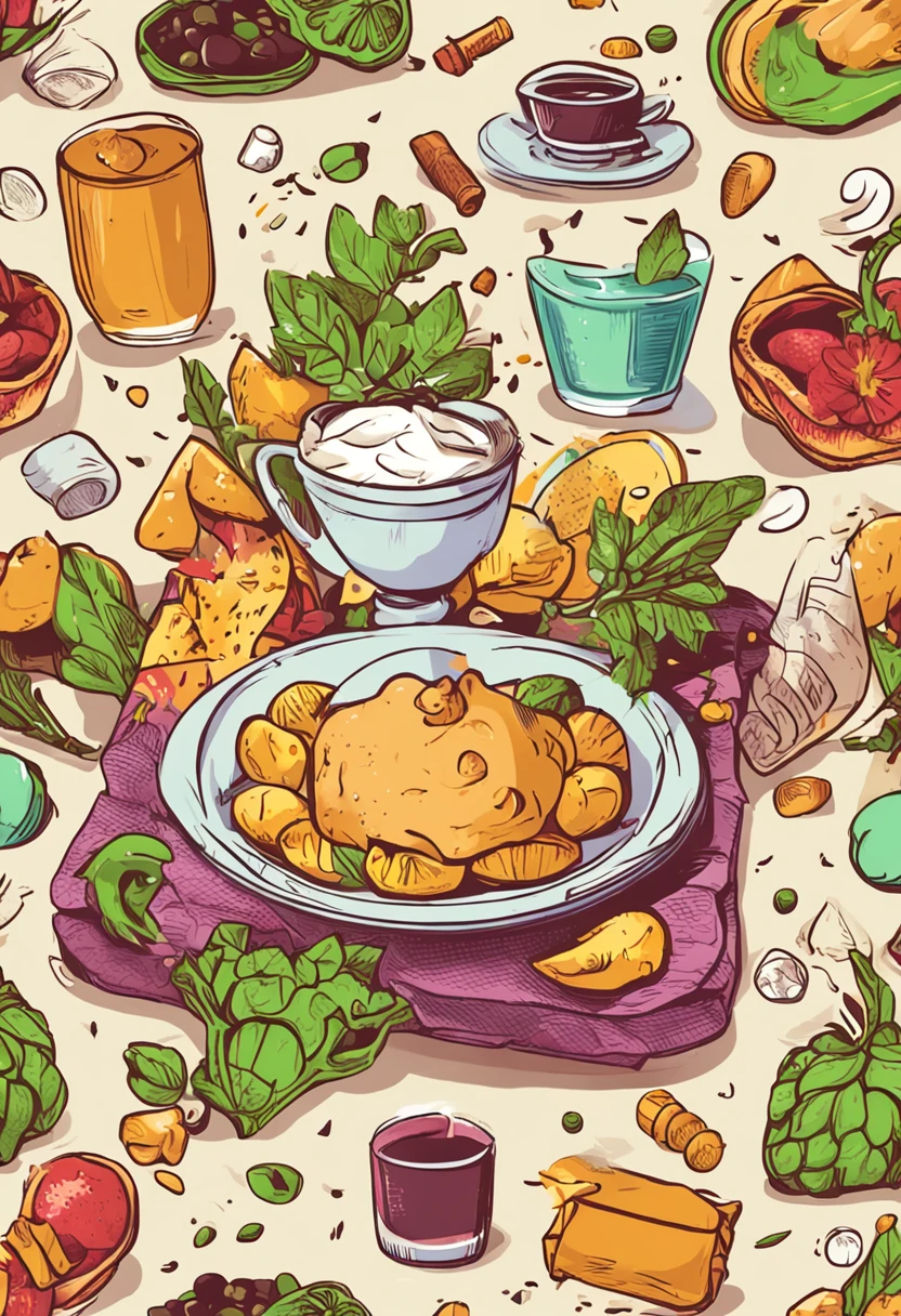 Crie uma imagem de capa para um post no Instagram sobre mitos nutricionais. Na imagem, coloque uma "pilha" of mythical foods, like magic teas, Slimming Potions and Miracle Supplements, todos empilhados como em um castelo de cartas. Ao lado da pilha, Add a blast icon ("boom") that is undoing the pile of myths. Na parte inferior da imagem, Insert a plate of balanced, healthy food, com um toque de humor, like a broccoli flying or dancing, ou uma coreografia de vitaminas. Sobre a imagem, inclua o texto: "Mitos Nutricionais Desmascarados" ou "Separating Fact from Fiction in Nutrition". A imagem deve refletir um estilo divertido, intrigante e cativante, aligned with a humorous and direct communication tone. Remember to use vibrant colors and eye-catching visuals.