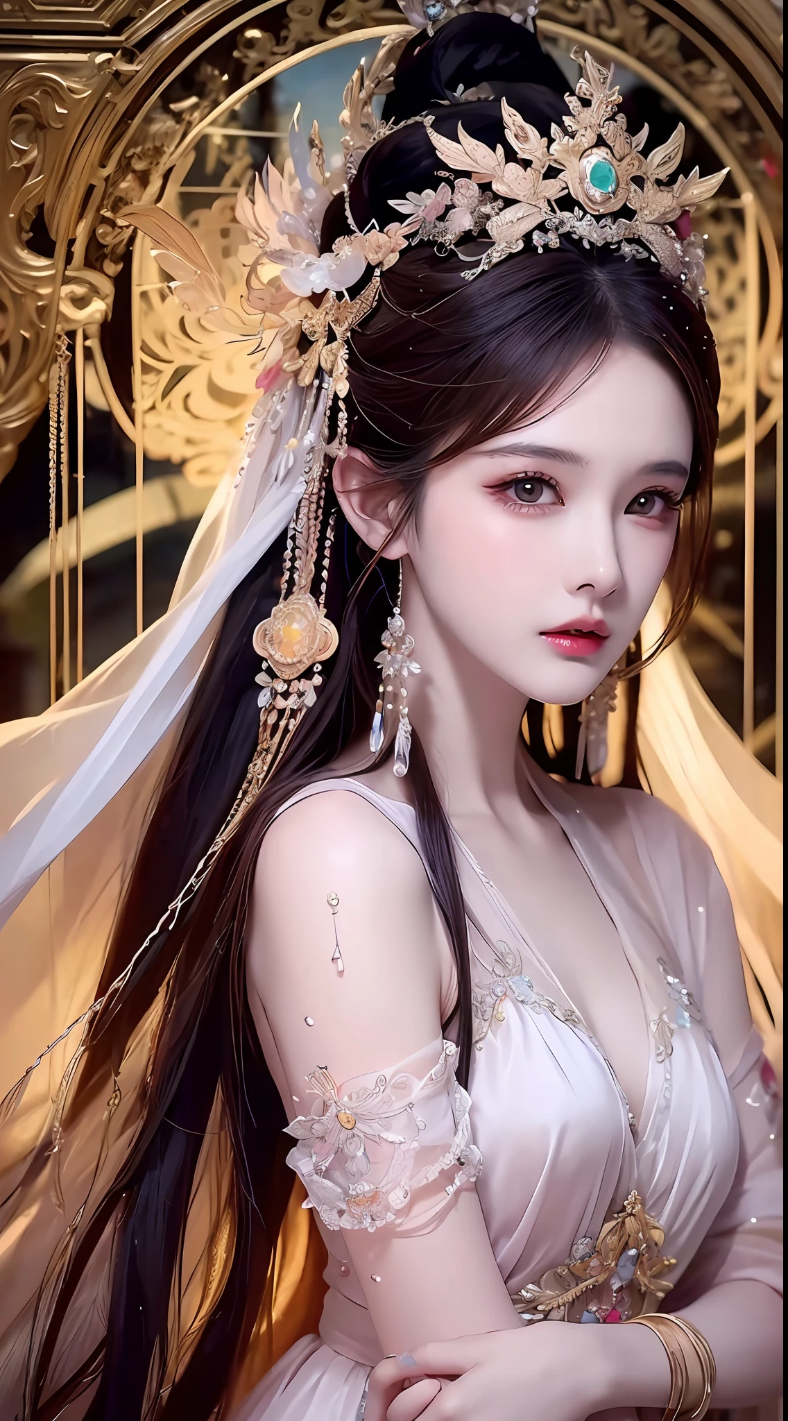 1 20 year old girl, 1 goddess Athena, pink purple silk dress, beautiful goddess Athena face without blemishes, delicate yellow nightgown, long thin sequin nightgown with many sexy black lace details, 1 beautiful thin red silk cloth half veil, female saint legend, female saint icon, beautiful goddess style glitter, dark and mysterious version, small proportioned goddess crown, vermilion lips, plump red lips, not smiling, mouth closed, delicate and beautiful pino detailing, delicate and beautiful lip detail, , (pure and flawless face: 1.9), female saint body, round chest, big and round breasts, phoenix brooch, long flat bangs, (7-color rainbow hair: 1.9), flower stickers tattoo on forehead, beautiful clear face and well-proportioned eyes, (transparent yellow eyes: 1.8), (big round eyes and makeup, sexy wet eye makeup, very beautiful and meticulous hair makeup, long and delicate blonde hair, delicate, body image: 1.8), figure: and vivid, (stars that make up the sky: 1.7), (the sky of heaven and the fictitious gate of time and space: 1.8), fictional art, RAW photos, hanfu photos, best photos, high resolution, best quality, best photos, best goddess quality, 8k female, super 8 single saint portraits, truest color schemes, masterpieces, best beauty brands, best hair jewelry, brand real photo, dark studio, border light, two-tone lighting, (rose white skin: 1.4), (high skin detail: 1.1), 8k uhd, d slr, soft light, 8k, high quality, candid, volume Smooth and sharp, 10x pixel increase, sexy goddess, sexy goddess, (background space: 1.8), (most beautiful aurora eyes: 1.7), beautiful eyes, aurora beautiful and flowery, (beautiful single girl: 1.8), (more details:0.8),