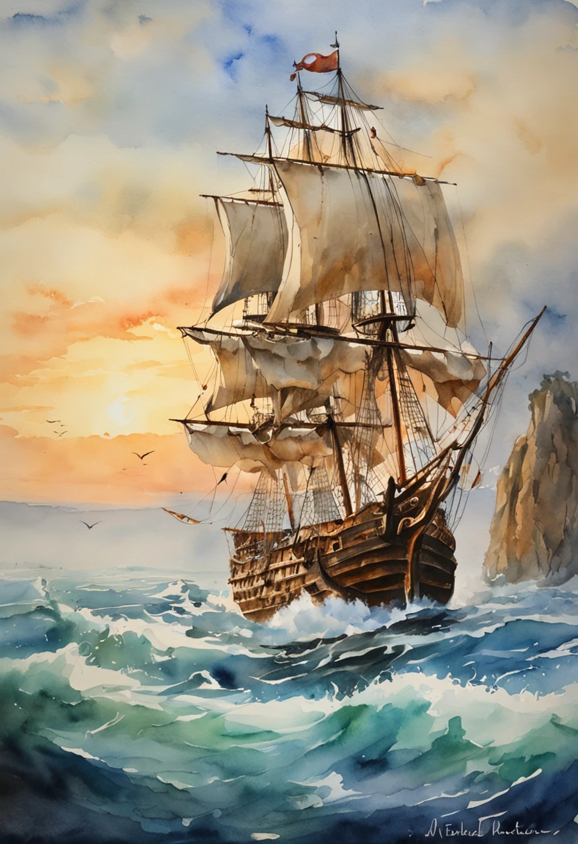 an oil painting of an old caravel ship sailing at sea