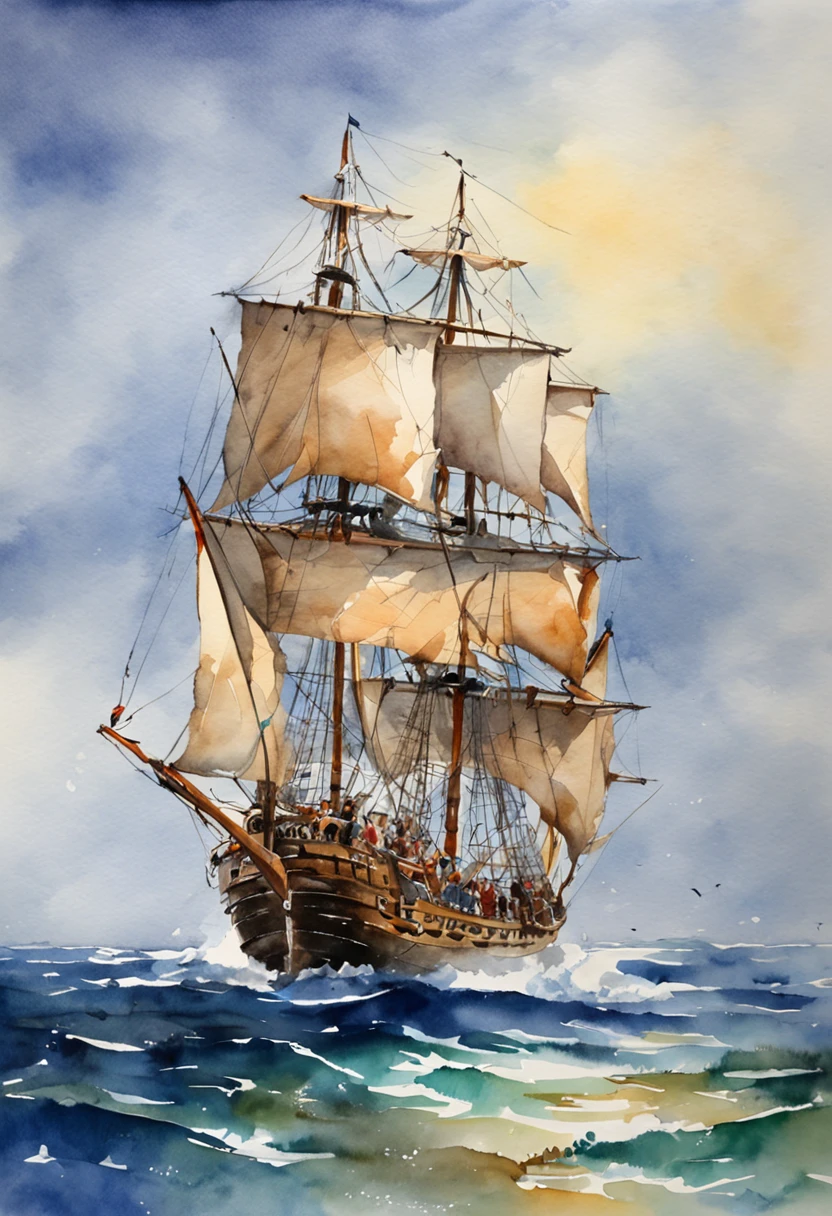 an oil painting of an old caravel ship sailing at sea