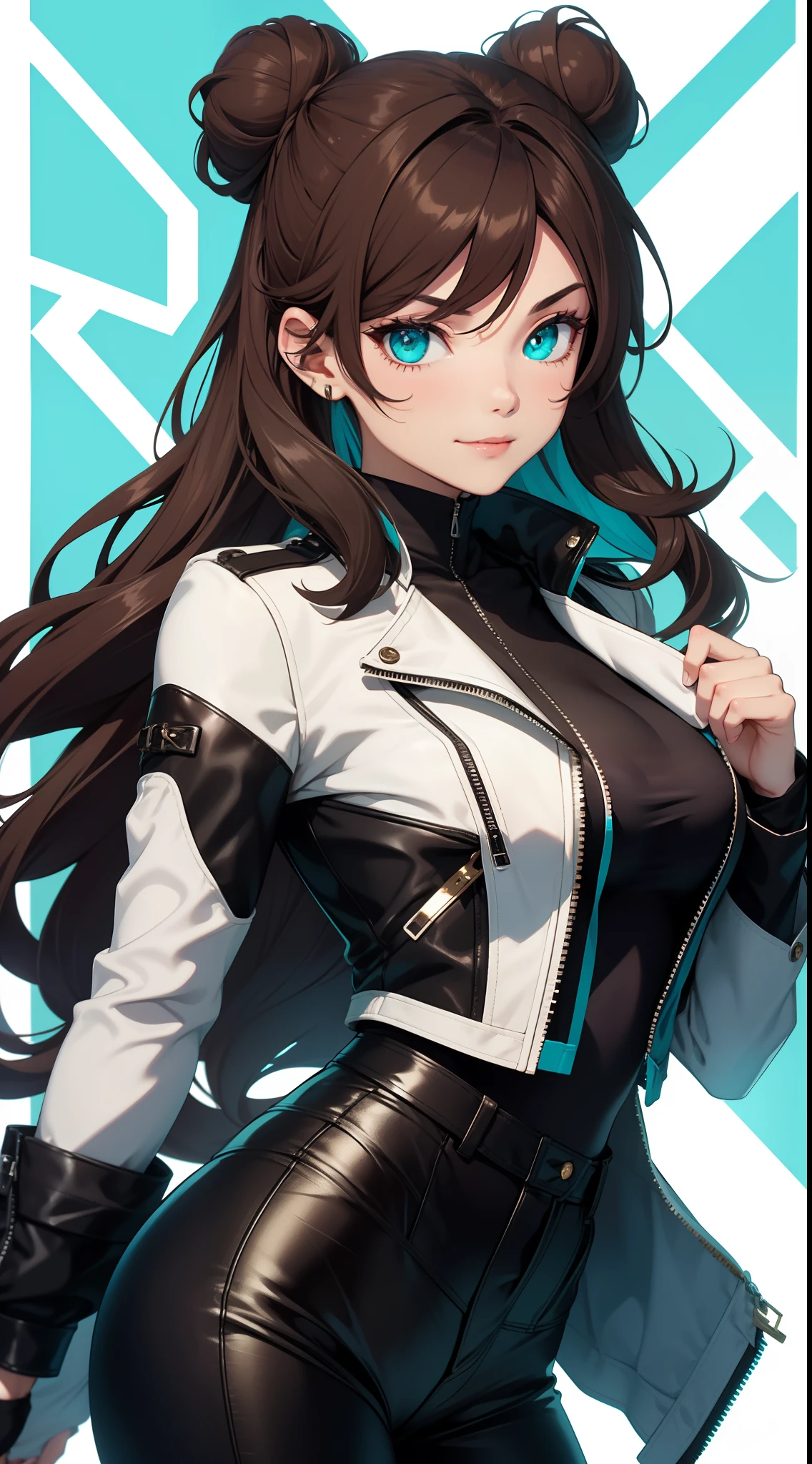 Adult woman, Long brown hair, hair in a bun, Cyan eyes, dragon horns, black tight pants, Black tight top, White leather jacket, ssmile, Masterpiece, hiquality