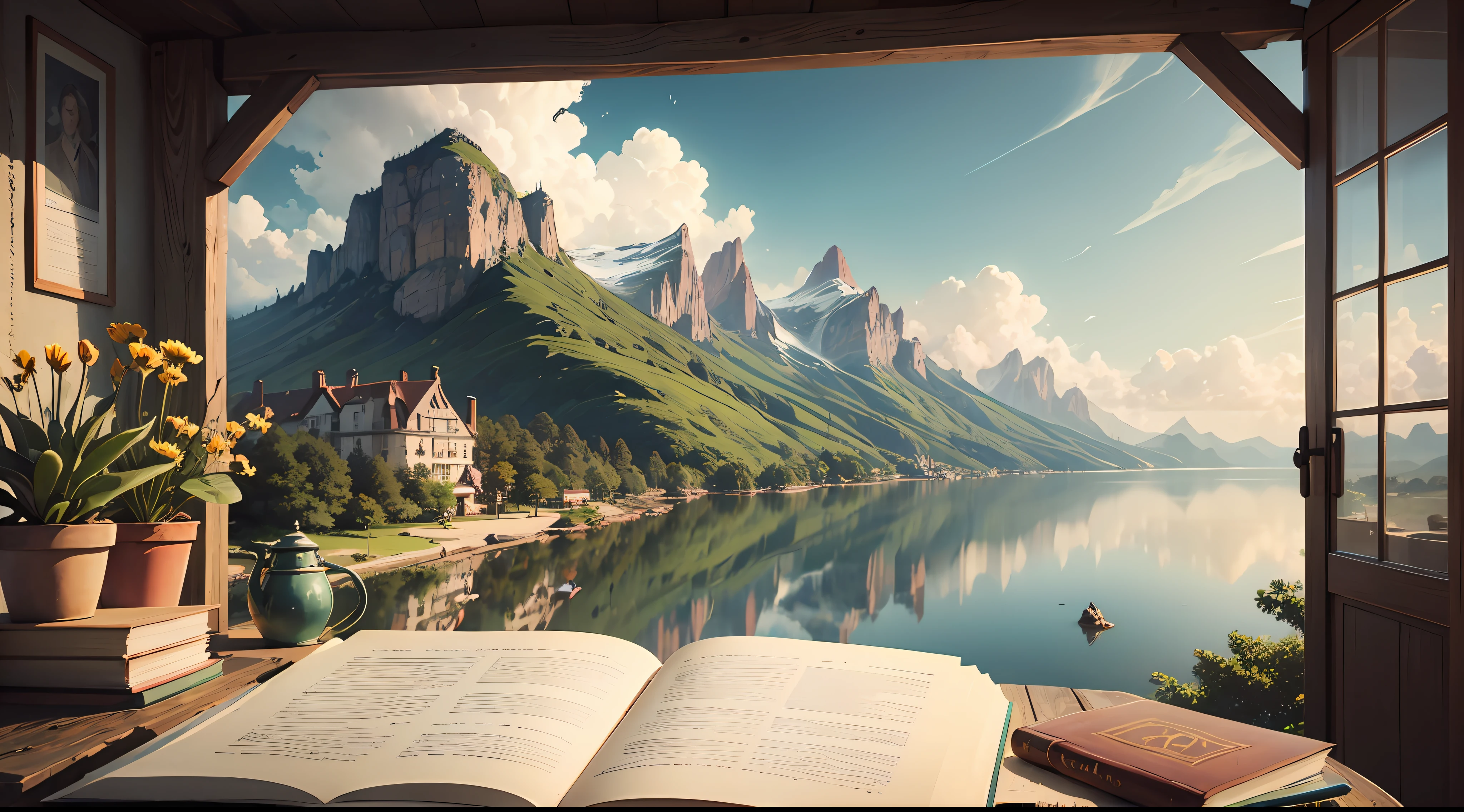 Desenhe uma paisagem ao fundo com livros numa estante estilo vintage, paying attention to small details and textures --auto