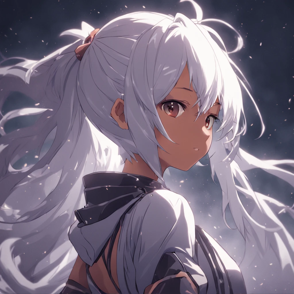 white hair, ponytail, dark skinned female, large breasts, keiji inafune style,