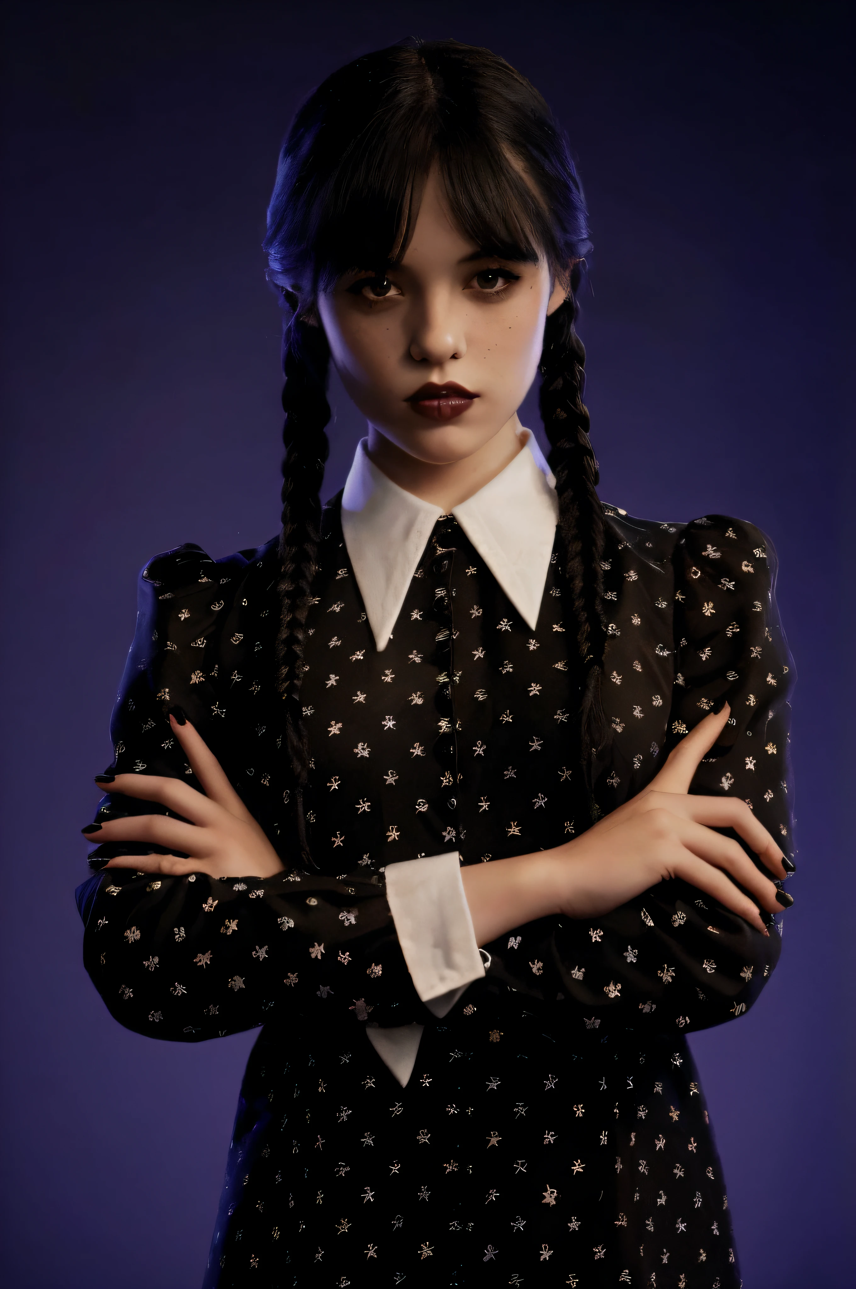 arafed woman with braids and a black dress with a white collar, wednesday addams, as wednesday addams, school girl in gothic dress, portrait of cute goth girl, with black pigtails, 1 7 - - old h girl, goth girl, portrait of a ominous girl, dreamy gothic girl, gothic girl dressed in black, portrait of a young witch girl