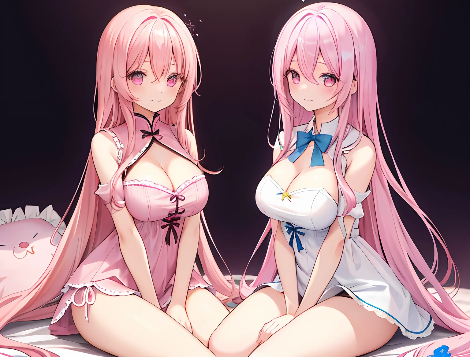 2girls，A pink-haired，long whitr hair，mediuml breasts，比基尼，Breast collision，Light panties，The inner thighs fit snugly