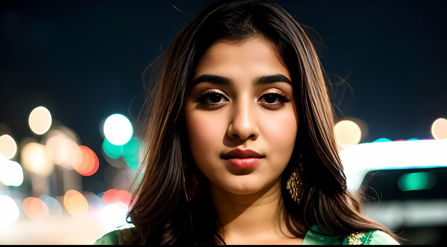 instagram photo, closeup face photo of 18 y.o Pakistani woman in dress, beautiful face, makeup, night city street, bokeh, motion blur