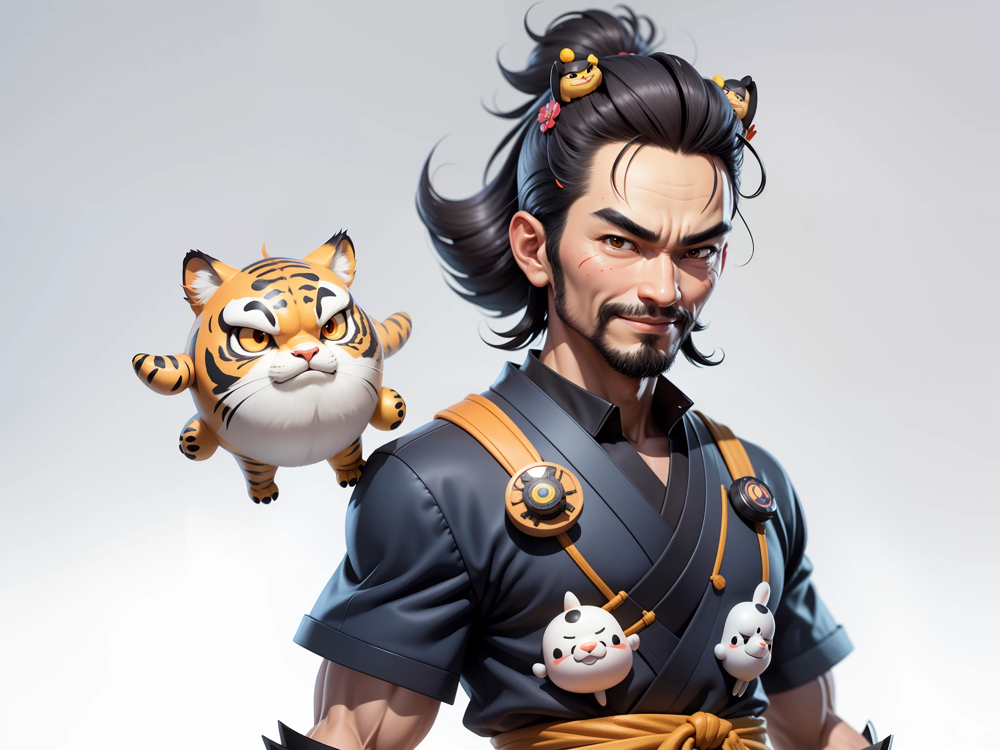 (Daisaku),(Need),(Super meticulous),(full bodyesbian:1.2),Super young man with Japanese geisha，Beautiful，orient，one tiger，Aeolian Thor，Raised sexy，爆乳，Oriental face，TV Anchor，Bust portrait illustration，In black suit，a blue tie，The face is slightly chubby，The face was clean，without a beard，Black super short hair，Black eyes，Smile confidently，3C computer sub-products，iPad， iphone，Digital painting，3D character design by Mark Clairen and Pixar and Hayao Miyazaki and Akira Toriyama，The illustration is a high-definition illustration in 4K resolution，With very detailed facial features and cartoon-style visuals。