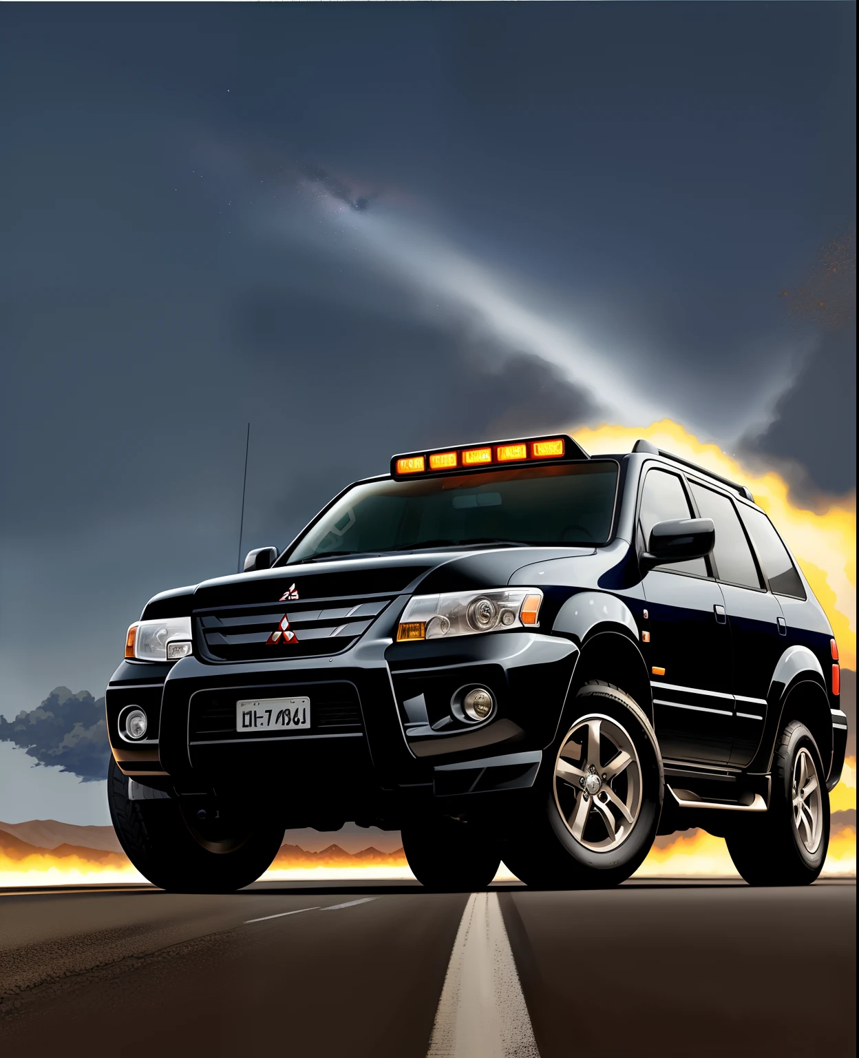 a painting of a Mitsubishi pajero sport car year 2000 in black color, boss muscle, (masterpiece, best quality), particle effects, epic explosion background, vivid, hdr, night, very detailed, (cell shaded: 1.2 ), ray tracing, it doesn't matter if it's an inch or a quarter mile, asphalt road, night, realistic lighting effects