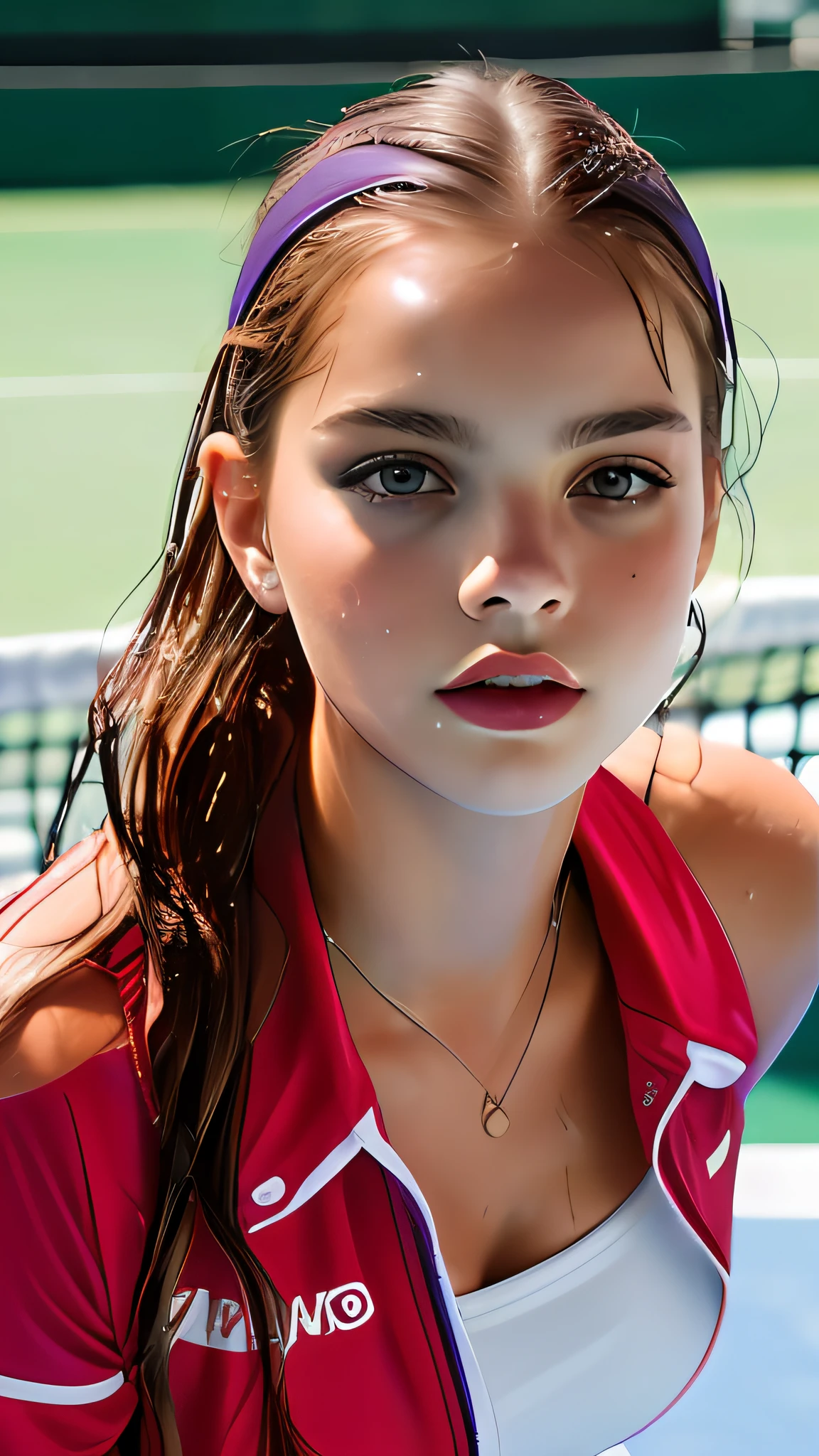 photo of (Barbara Palvin), a woman as a sexy tennis player, modelshoot style, (extremely detailed CG unity 8k wallpaper), photo of the most beautiful artwork in the world, Intricate, High Detail, Sharp focus, dramatic, photorealistic, (wet_tennis_uniform:1.2), (tennis shorts:1.2), (sneakers), (on the tennis_court ), (( dribbling_\(tennis\) )), (tennis), ((in a tennis stadium )), (( crowd sitting on the bleachers )), (basketball game), (looking at viewer), (detailed pupils:1.3), (modern outfit:1.2), (closeup), red lips, (eye shadow)