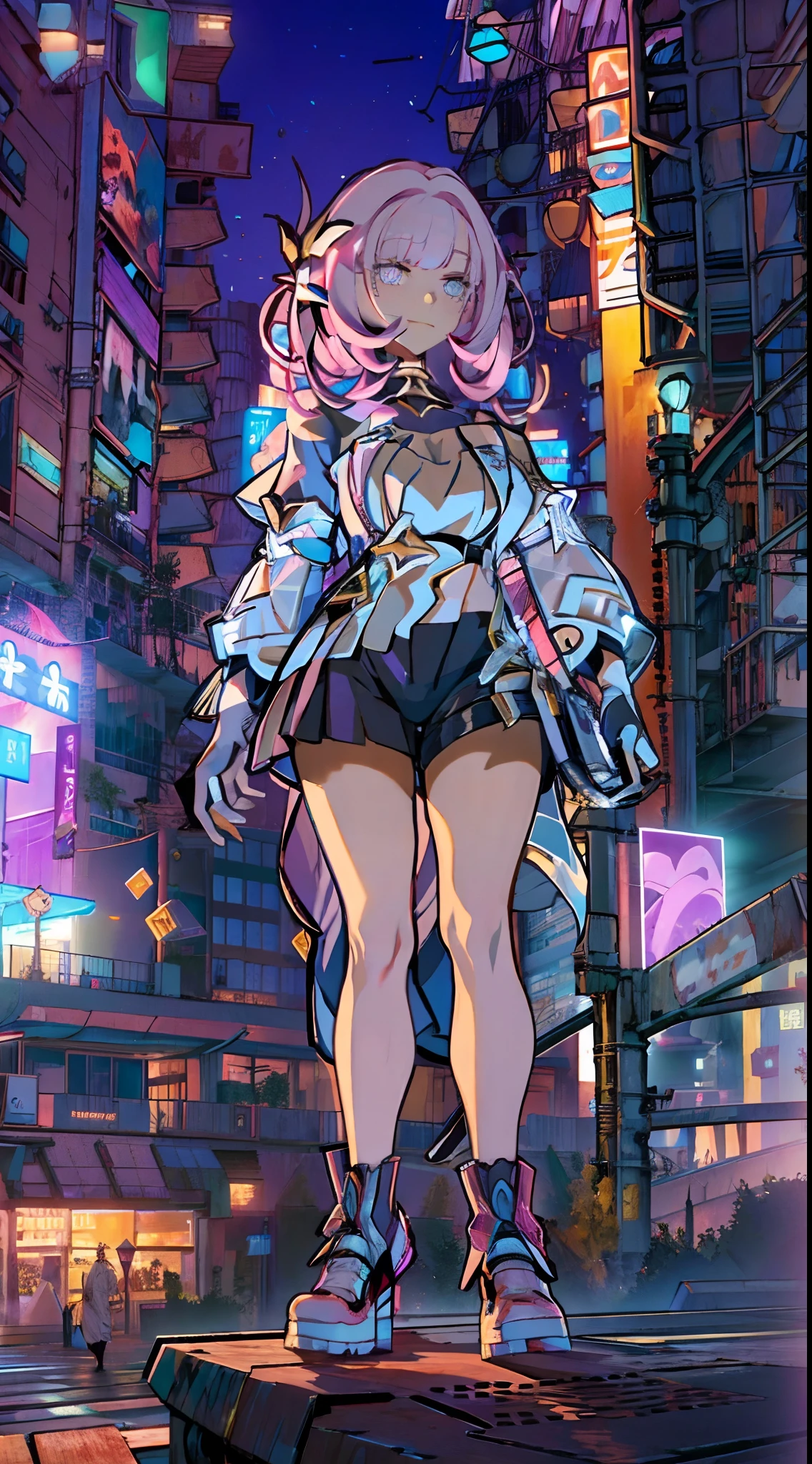 Noite, Fundo colorido da cidade cyberpunk, ****** de rua, elysia,honkai impact, olhos azuis, olhos brilhantes, Meias pretas, retroiluminado, brilhar, Surveying the audience, Low angle lens, olhando para cima lente, perfect composition, delicadeza perfeita de luz e sombra, 8k