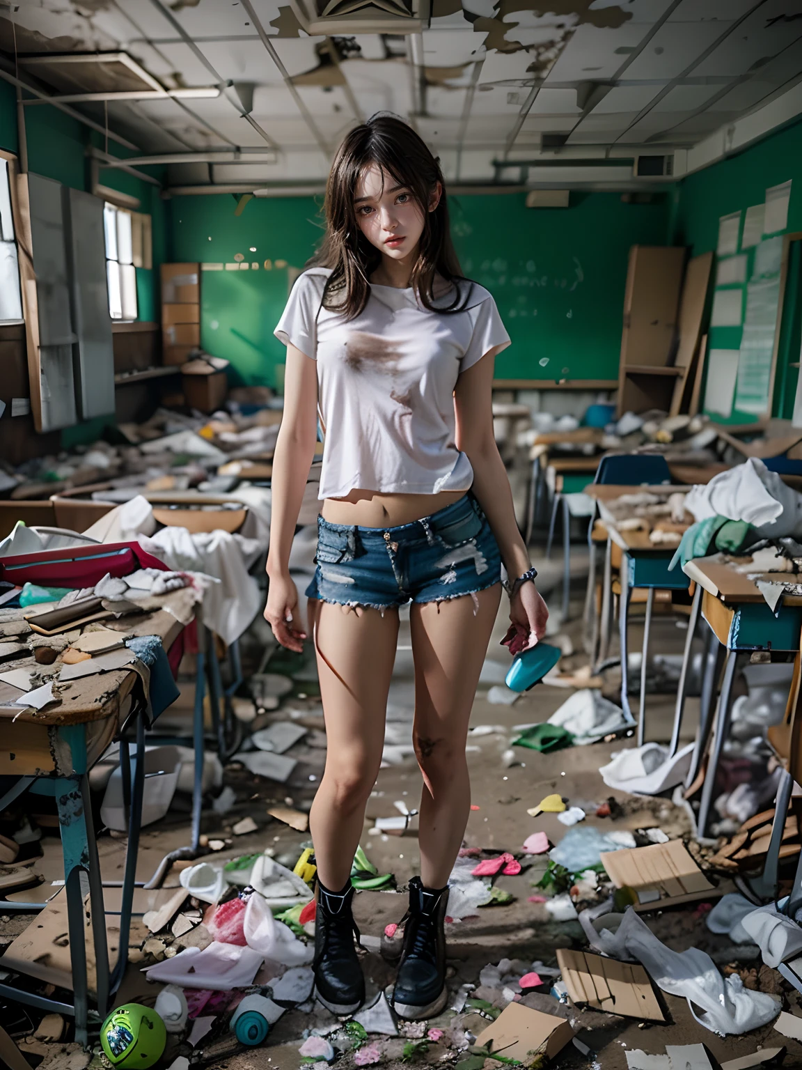 Abandoned schools，Garbage all over the ground，grimy，???? standing pose，very beautiful long slim legs，(Random ??????)，exhibitionists，Random exposure of ????????