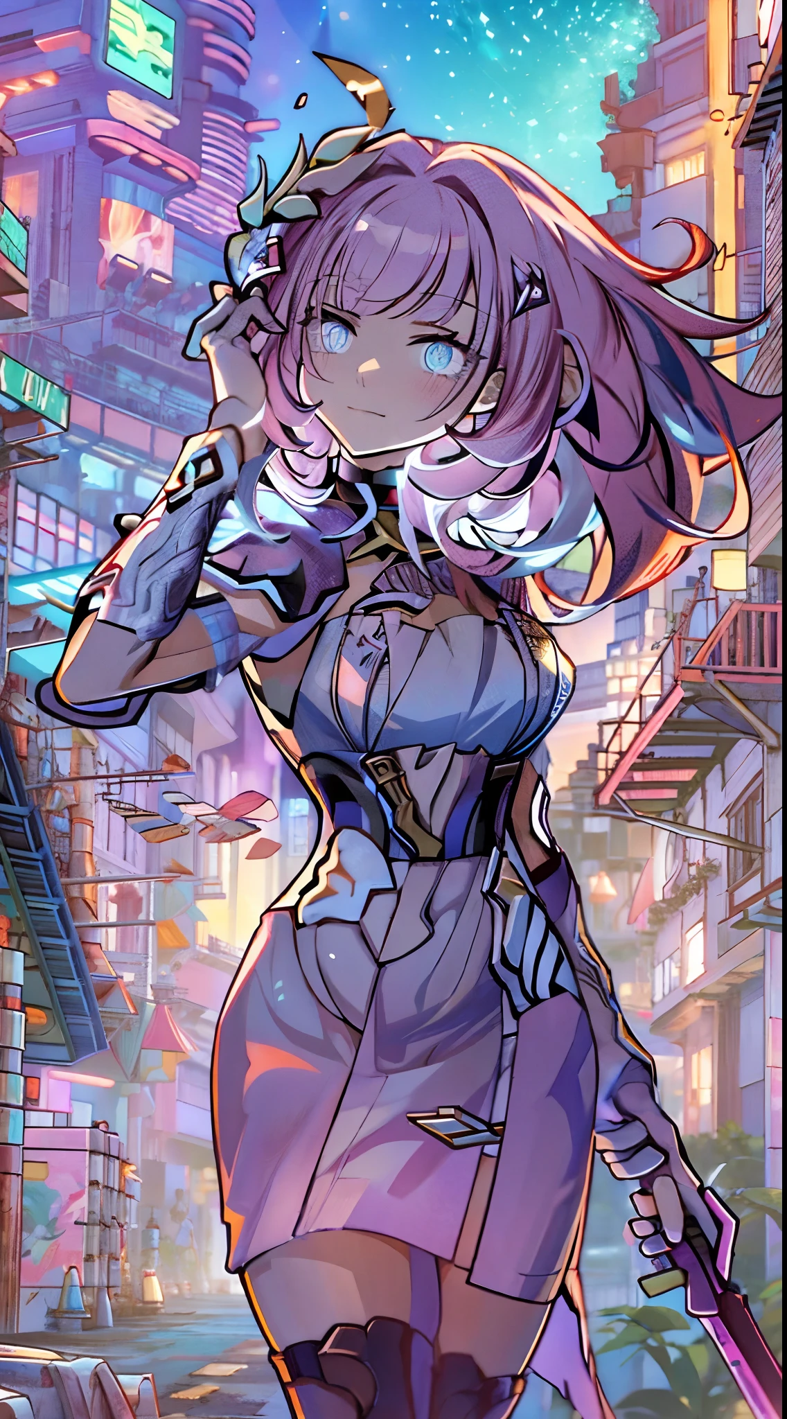 Noite, Fundo colorido da cidade cyberpunk, ****** de rua, elysia,honkai impact, olhos azuis, olhos brilhantes, Meias pretas, retroiluminado, brilhar, Surveying the audience, Low angle lens, olhando para cima lente, perfect composition, delicadeza perfeita de luz e sombra, 8k