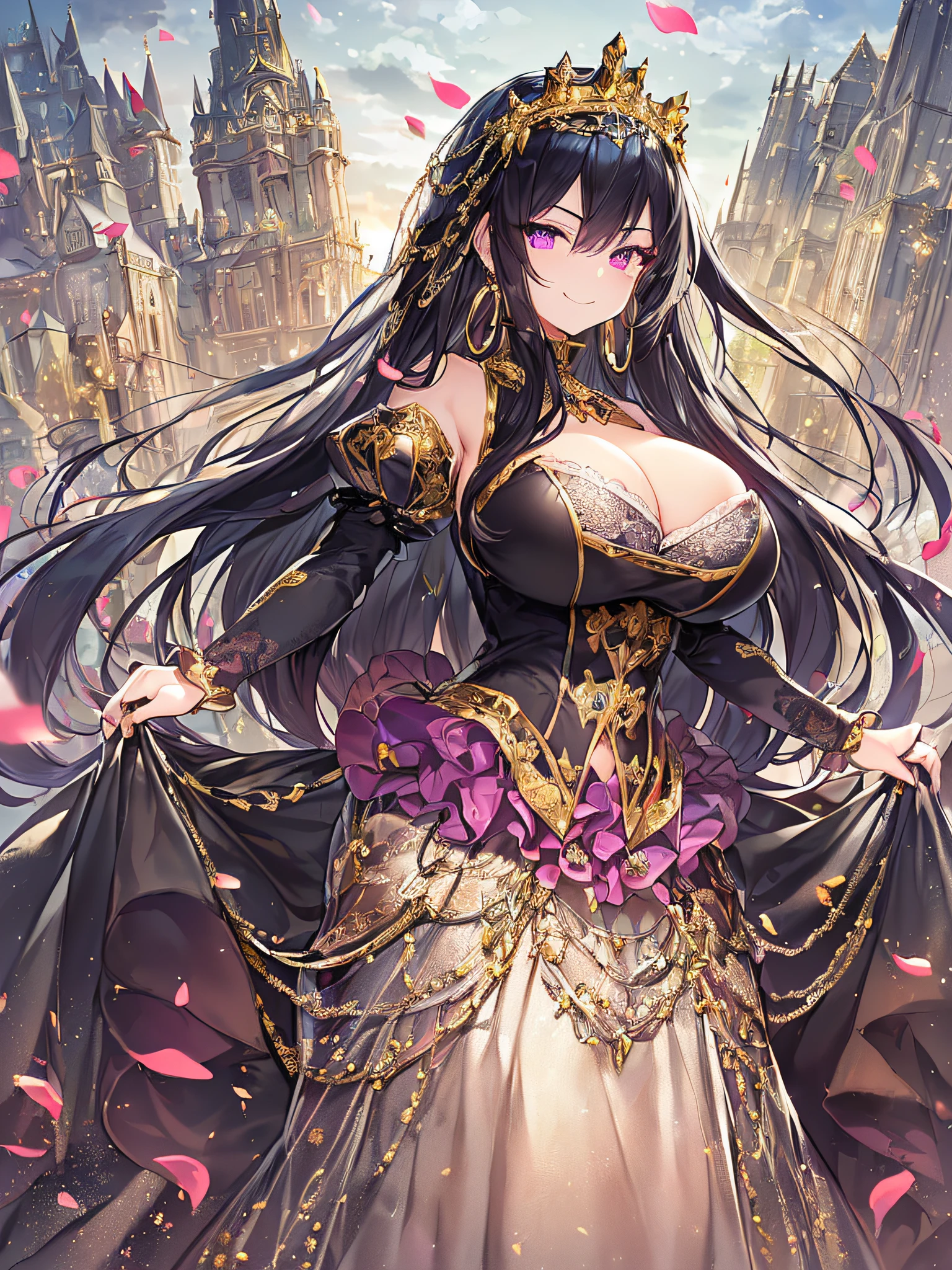 ((anime artstyle)),(Masterpiece),(Best Quality), (Super Detail),((Very Delicate and Beautiful)),(((Solo))),((full body portrait)),((1 arrogant queen in gorgeous black rococo princess ballgown with voluminous full length hoop skirt),((crinoline)),gold trim,Long train,((nt pose)),(arrogant),(haughty),((haughty smile)),Sharp eyes,((standing in the square of the castle town,festival)),((outdoor)),sun light,medieval main street,gorgeous gemstone jewelry,detailed face and eyes,jewel-like eyes,Purple eyes,(Bangs between eyes),((large amount of straight hair,extremely Long voluminous black Hair)),(((gigantic tits,Ltits))),gousfull embroidery and lace,cleavage,extregeousfull hair ornament,((bling-bling extremely gorgeousfull jeweled tiara)),gorgeous corsage,(Dynamic Angle),Looking at viewer,flower petals flowing,(((gorgeous black rococo princess ballgown with voluminous full length hoop skirt)))