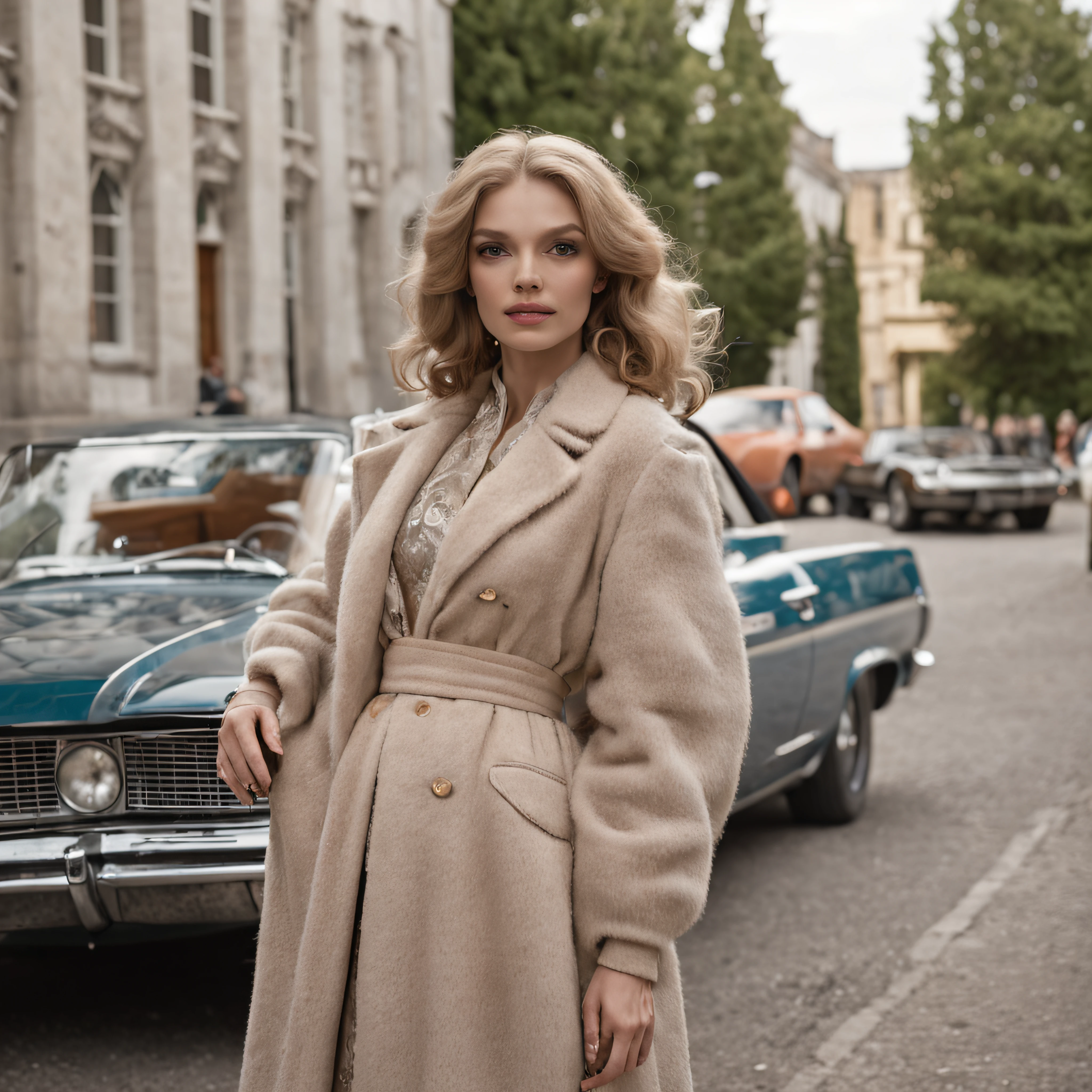 Time-Traveling Glamour
Immerse the viewer in a scene that encapsulates the confidence of a middle-aged person set against the backdrop of 1970s aesthetics. The fusion of fashion, architecture, and furniture should evoke nostalgia. Enhance the atmosphere with classic cars and create an environment where the past and present seamlessly coexist.