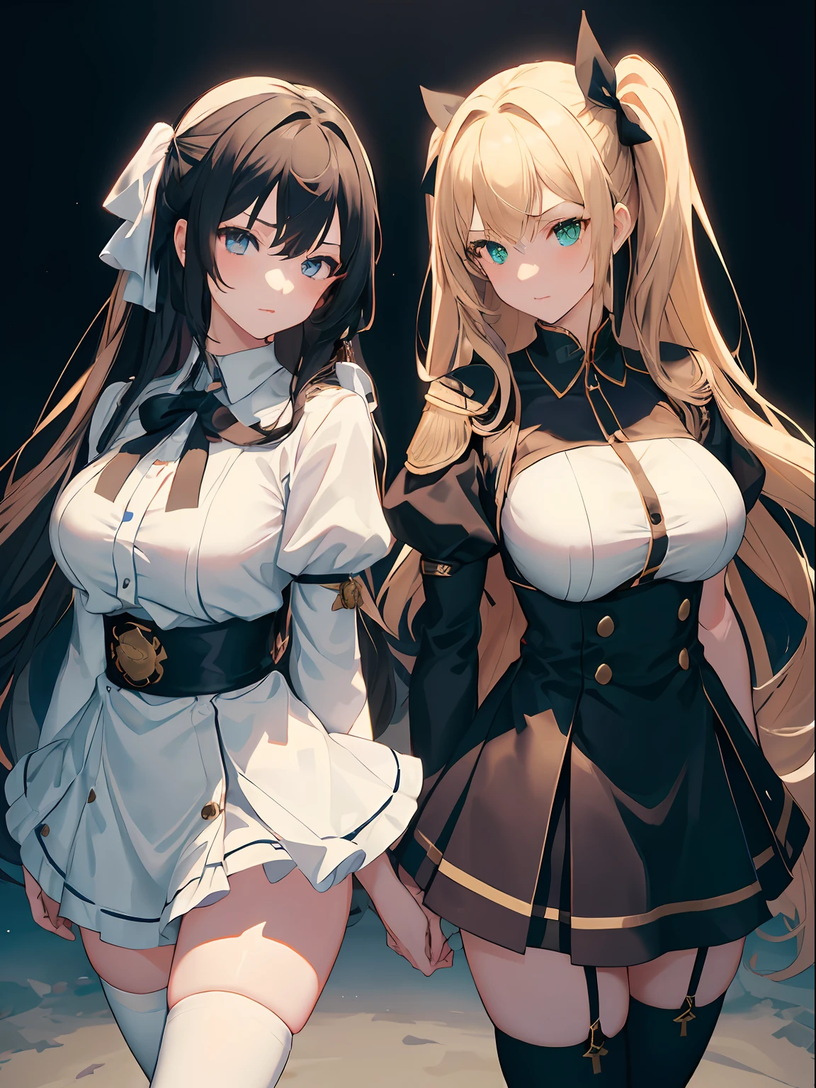1girll，cabelos preto e longos，Qi bangs，Long ponytail，White bow hairpin，red pupils，beauitful face，crisp breasts，Convex buttocks，White military uniform，Double-breasted gold-tone clasp，White pleated skirt，Black stockings，White gloves，Japanese katana in hand，beachside，Naval warships，perfectly proportioned, Cinematic lighting, filmgrain, Fuji colors, lightand shade contrast, 8K, 巨作, Textured skin, Super detail, high detal, High quality, A high resolution,
