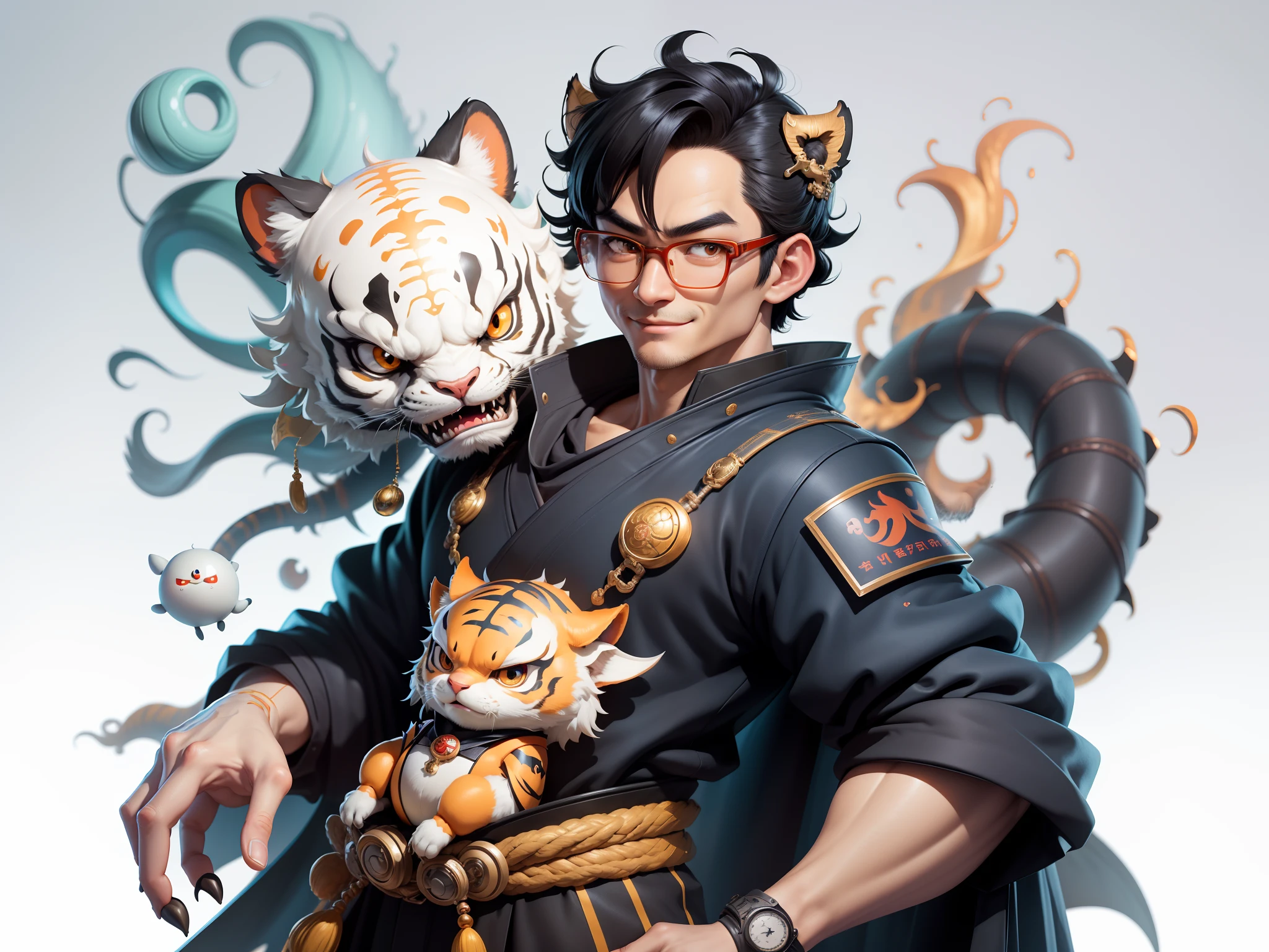 (Masterpiece), (Excellent), (Super Meticulous), (Full Body: 1.2), Super Young Man with Japanese Female Geisha, Pretty, Beautiful, Chinese Dragon, Tiger, Wind God Thor, Sexy, Bursting, Oriental Face, TV Anchor, Bust Portrait Illustration, Black Suit, Blue Tie, Slightly Chubby Face, Silver Glasses, Very Clean Face, No Beard on Chin, Black Super Short Hair, Black Eyes, Confident Smile, 3c Computer Sub-Products, iPad, iPhone, Digital Painting, 3D character design by Mark Clairedon and Pixar and Hayao Miyazaki and Akira Toriyama, the illustrations are HD illustrations in 4K resolution with highly detailed facial features and cartoon-style visuals.