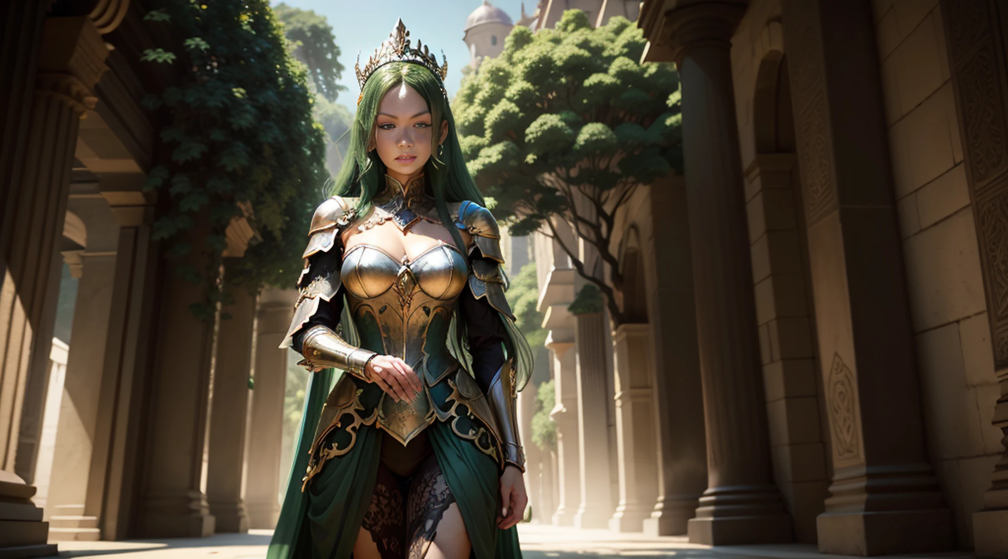 A woman alone in green queen armor standing under a cherry tree, uma bela rainha, fantasia, Rainha elfa bonita de cabelo preto e elegante, olhos verdes e com rosto bem detalhado, estilo de arte a oleo, Arte de fantasia 8k, fantasia de arte bem realista, elegant cinematic fantasy art, cenario fantastico.