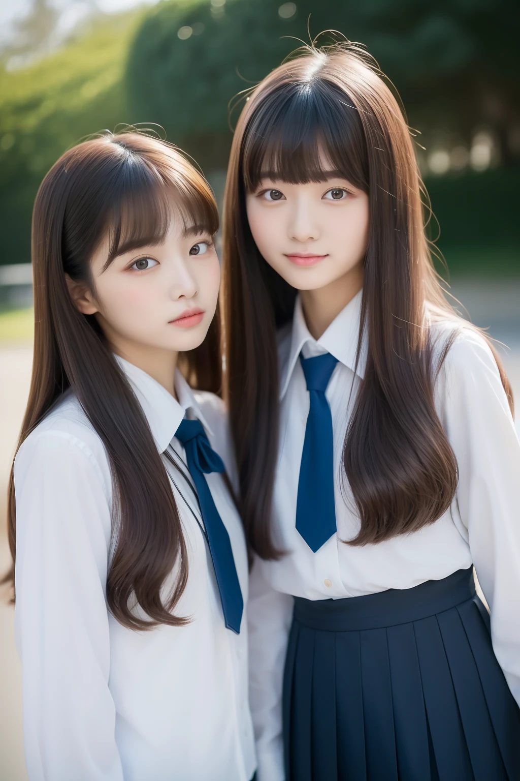 top-quality、8K、32K、masterpiece、nffsw:1.2)、2girls、Two girls with long hair、Two beautiful Japan women、Heavy bangs、long sleeved shirt、length hair、School Uniforms