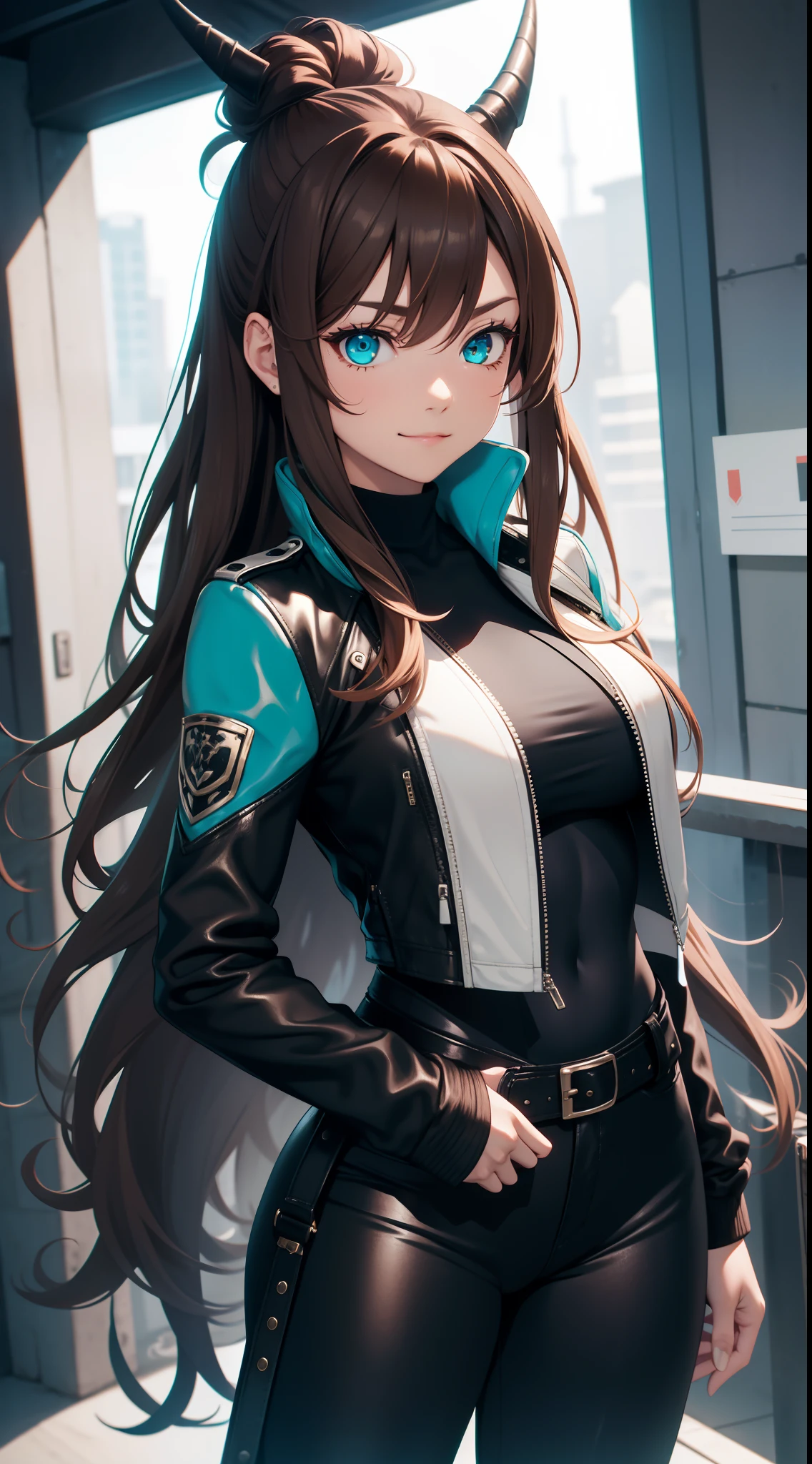 Adult woman, Long brown hair, hair in a bun, Cyan eyes, dragon horns, black tight pants, Black tight top, White leather jacket, ssmile, Masterpiece, hiquality