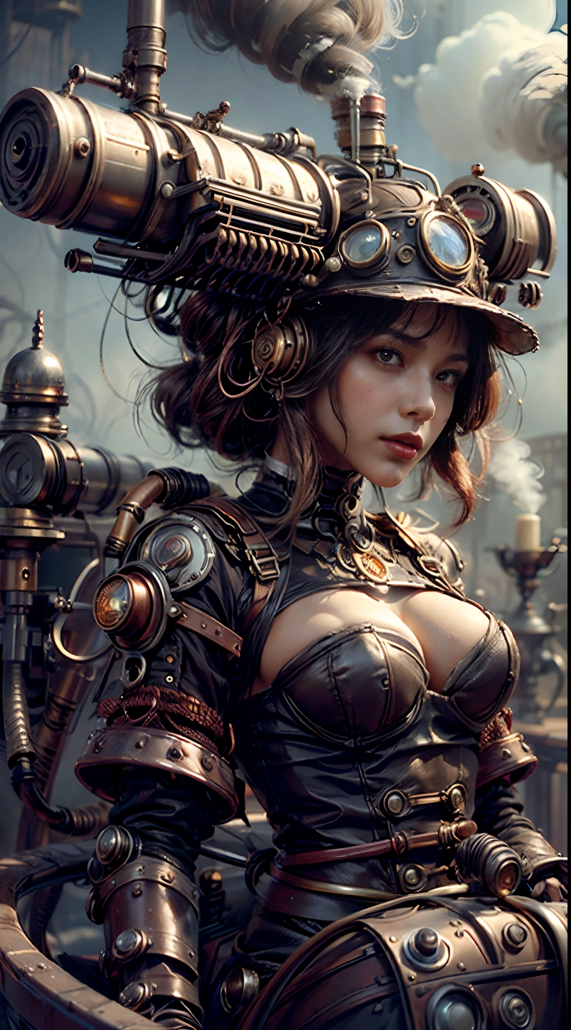 There's a sexzy african woman with a steam-powered dusky skin, with big boobs,Royal look,helmet, arte conceitual steampunk, sexzy full body view, sitting in steam punk chair,dark smoke fog background,arte steampunk digital, arte steampunk de alta qualidade, Wojtek FUS, arte digital steampunk, detailed wild steampunk illustration, Portrait of a gold and copper mechanical woman, arte steampunk, estilo de arte dieselpunk, cyberpunk steampunk, estilo de fantasia steampunk, Arte digital altamente detalhada em 4k, sci-fi steampunk