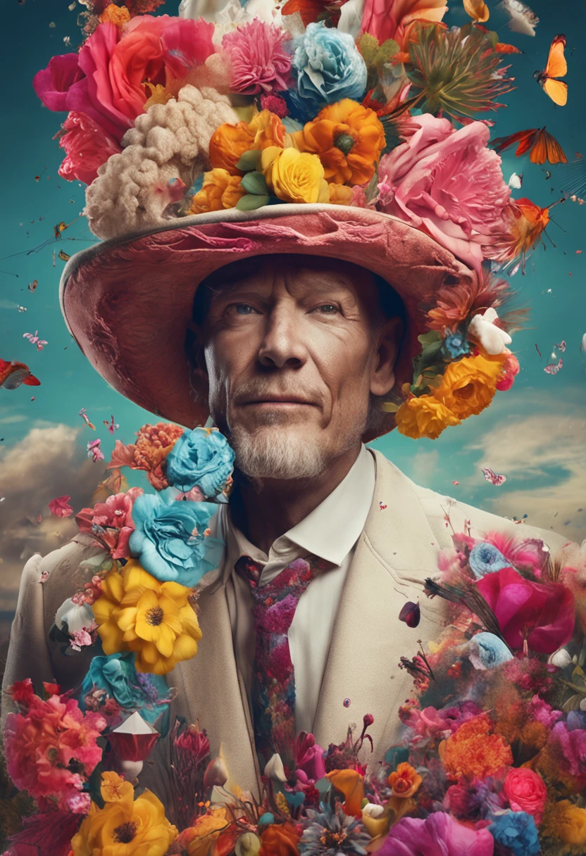 In beautiful surreal portraits, An interesting man appears，On his head he wears a hat decorated with flowers. The image is a truly surrealist digital work of art, Inspired by the magical creations of Maxim Verekin. Every detail of the illustration is impressive, The bright colors and captivating textures catch the viewer's eye. The portrait captures the essence of the flower storm, An emotional fusion of dreams and natural elements. Through photographic processing and surrealist techniques, The portrait comes to life, Crossing the boundaries of reality，Transports the viewer to a universe full of imagination and wonder. The style references the influence of Alexander Jansson, With a magical and fantastic atmosphere, Where surrealism meets fantasy. Every digital stroke is meticulously crafted，to convey a unique and captivating beauty. inspired by Alberto Seveso, Surrealist depictions come to life with smooth brushstrokes, Remember the dance of movement and transformation. This beautiful digital art is a celebration of human creativity and the ability to transcend the boundaries of reality, Viewers are invited to immerse themselves in a world full of imagination and fascination.