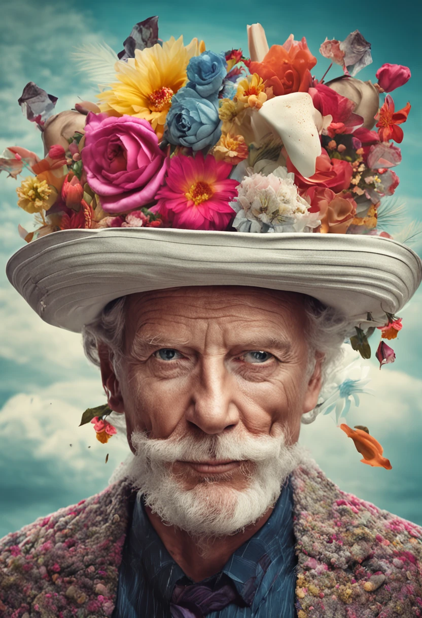 In beautiful surreal portraits, An interesting man appears，On his head he wears a hat decorated with flowers. The image is a truly surrealist digital work of art, Inspired by the magical creations of Maxim Verekin. Every detail of the illustration is impressive, The bright colors and captivating textures catch the viewer's eye. The portrait captures the essence of the flower storm, An emotional fusion of dreams and natural elements. Through photographic processing and surrealist techniques, The portrait comes to life, Crossing the boundaries of reality，Transports the viewer to a universe full of imagination and wonder. The style references the influence of Alexander Jansson, With a magical and fantastic atmosphere, Where surrealism meets fantasy. Every digital stroke is meticulously crafted，to convey a unique and captivating beauty. inspired by Alberto Seveso, Surrealist depictions come to life with smooth brushstrokes, Remember the dance of movement and transformation. This beautiful digital art is a celebration of human creativity and the ability to transcend the boundaries of reality, Viewers are invited to immerse themselves in a world full of imagination and fascination.
