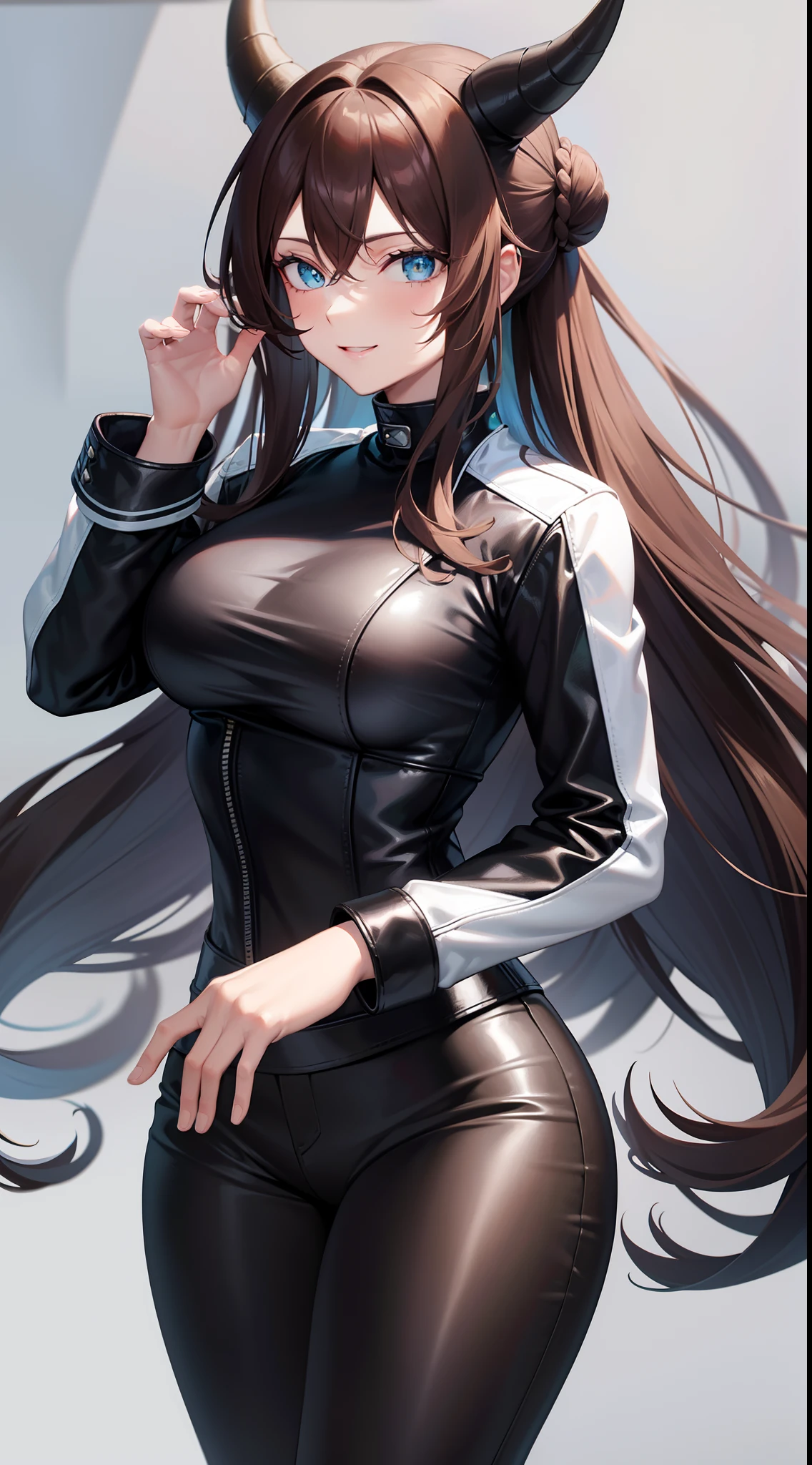 Adult woman, Long brown hair, hair in a bun, Cyan eyes, dragon horns, black tight pants, Black tight top, White leather jacket, ssmile, Masterpiece, hiquality