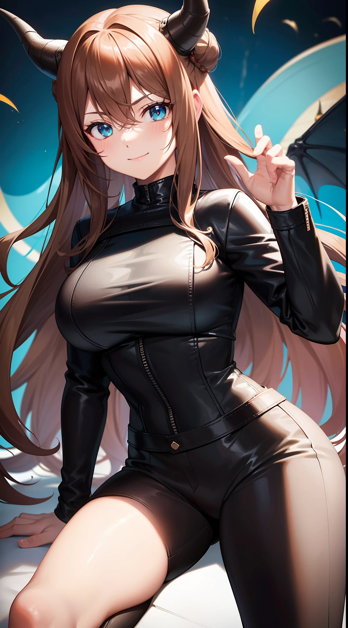 Adult woman, Long brown hair, hair in a bun, Cyan eyes, dragon horns, black tight pants, Black tight top, White leather jacket, ssmile, Masterpiece, hiquality